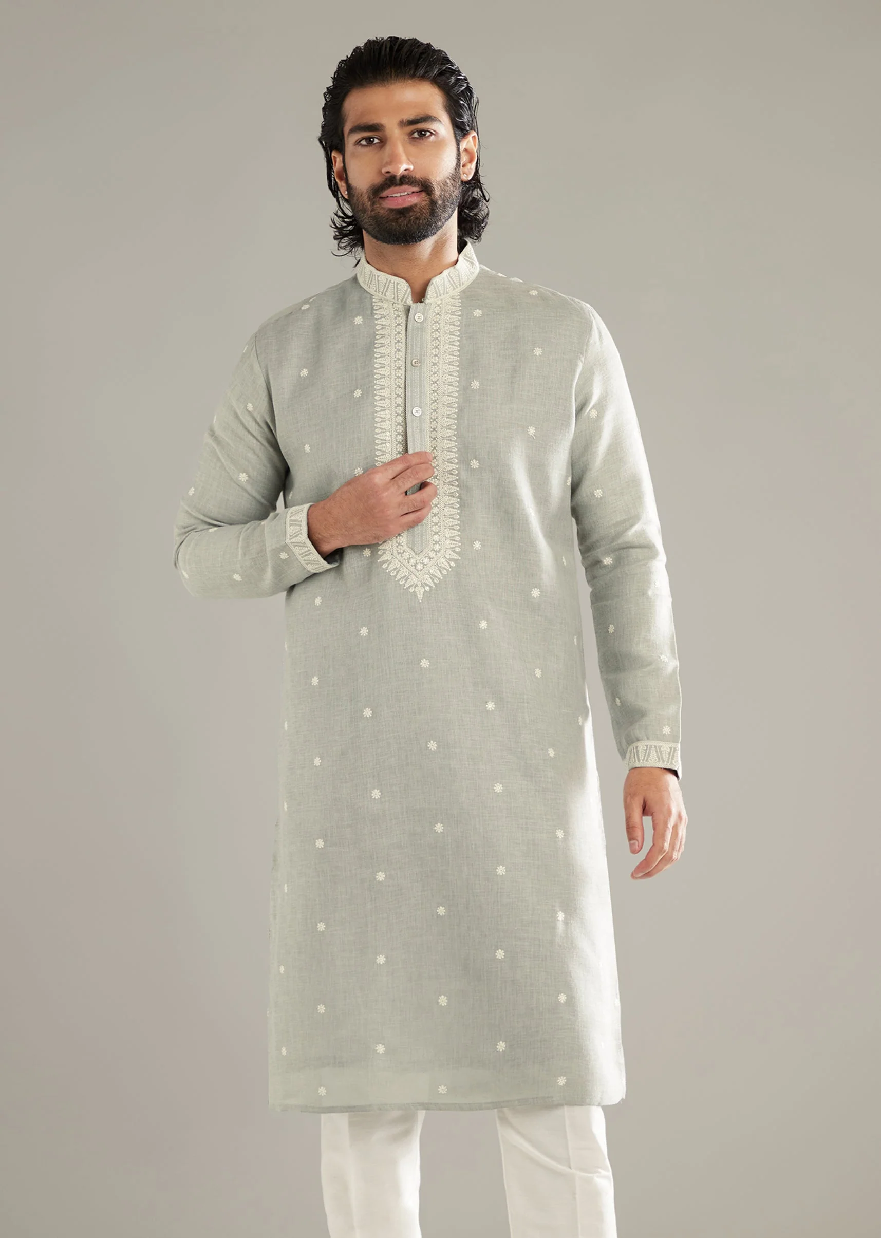 Light Grey Linen Kurta Set For Men With Resham Hand Work - Image 4