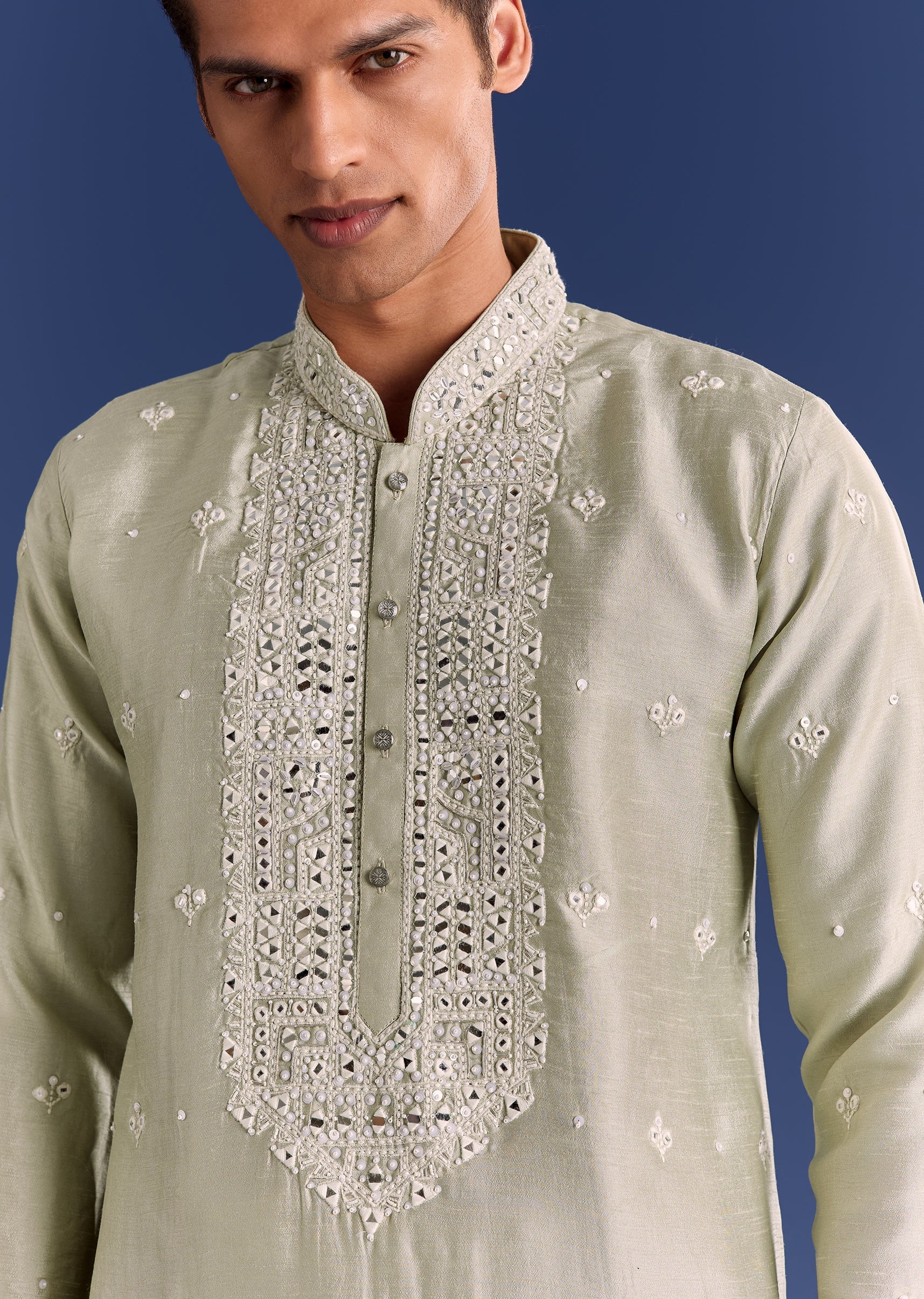 Light Grey Raw Silk Kurta Set With Embroidery - Image 2