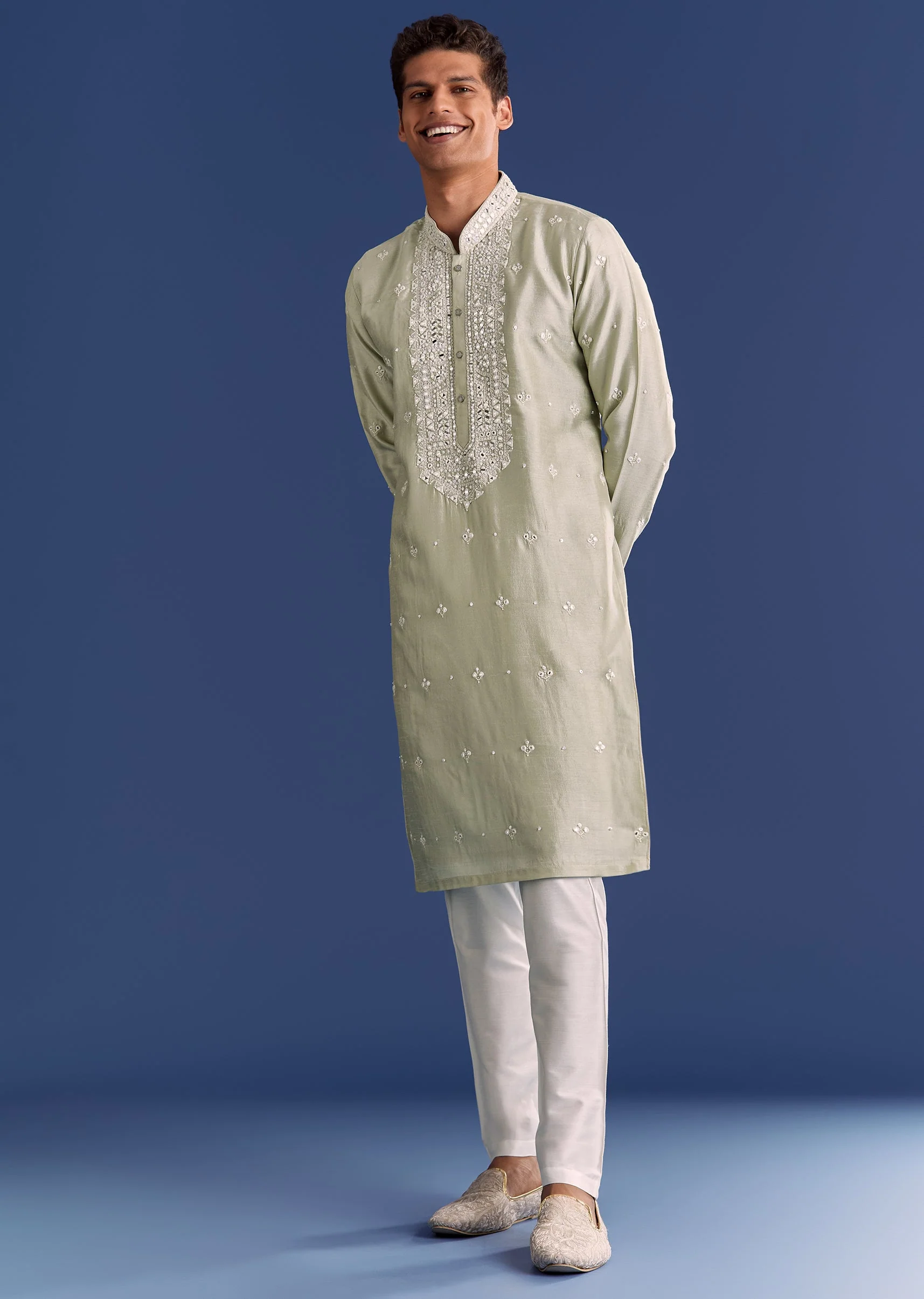 Light Grey Raw Silk Kurta Set With Embroidery - Image 3