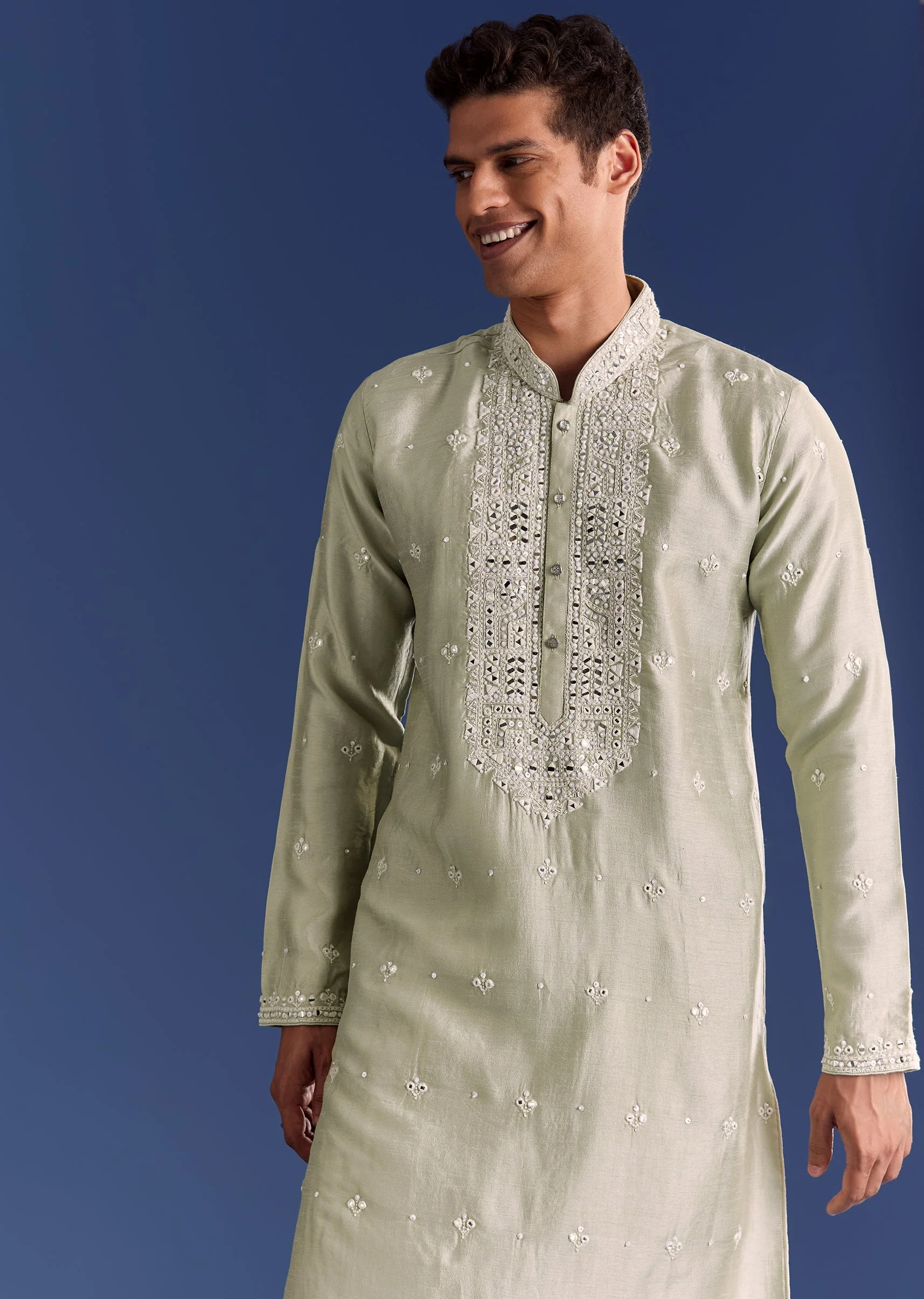 Light Grey Raw Silk Kurta Set With Embroidery - Image 5