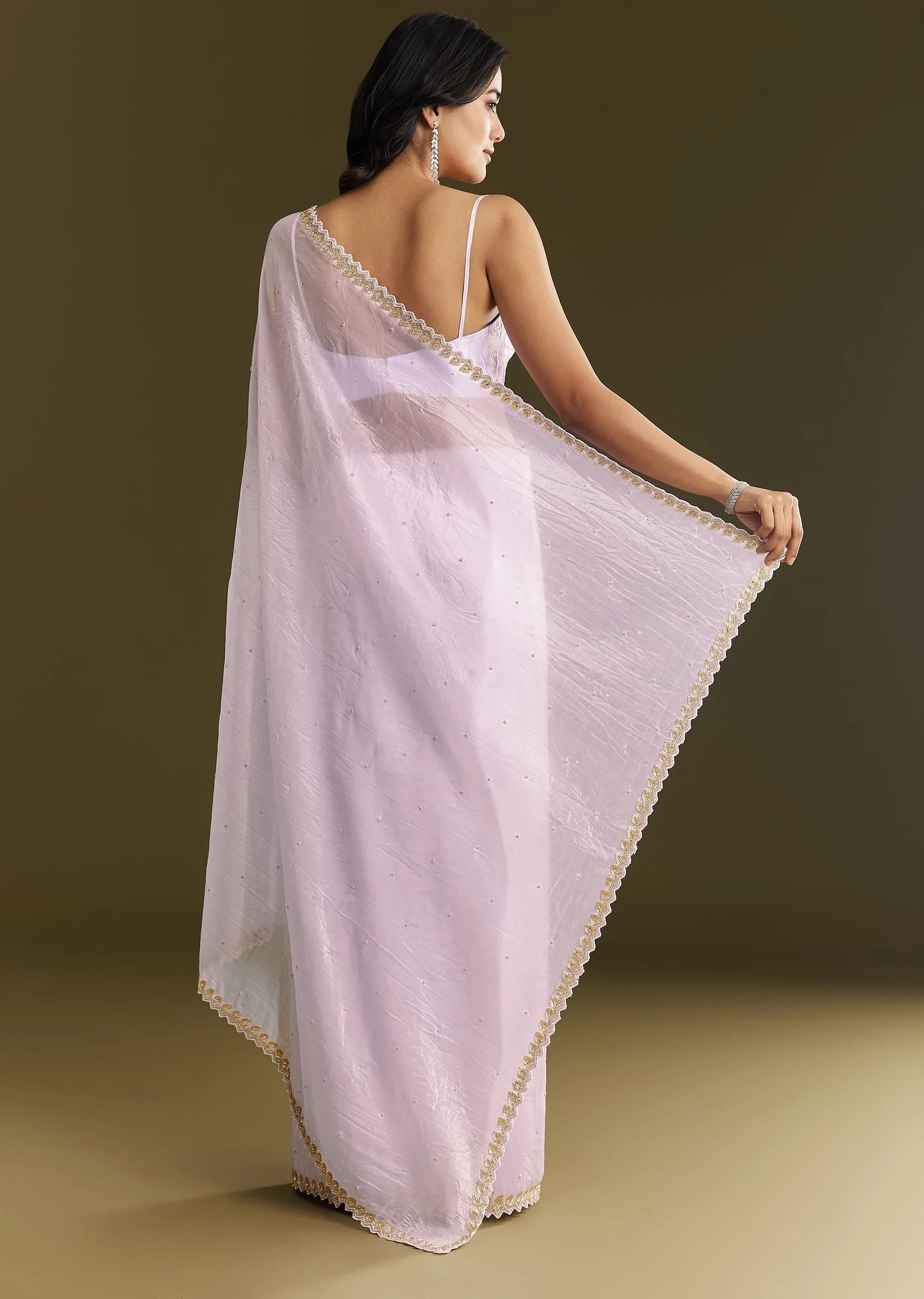 Light Lavender Tissue Saree With Cutdana Beads Embroidery And Scallop Border - Image 4