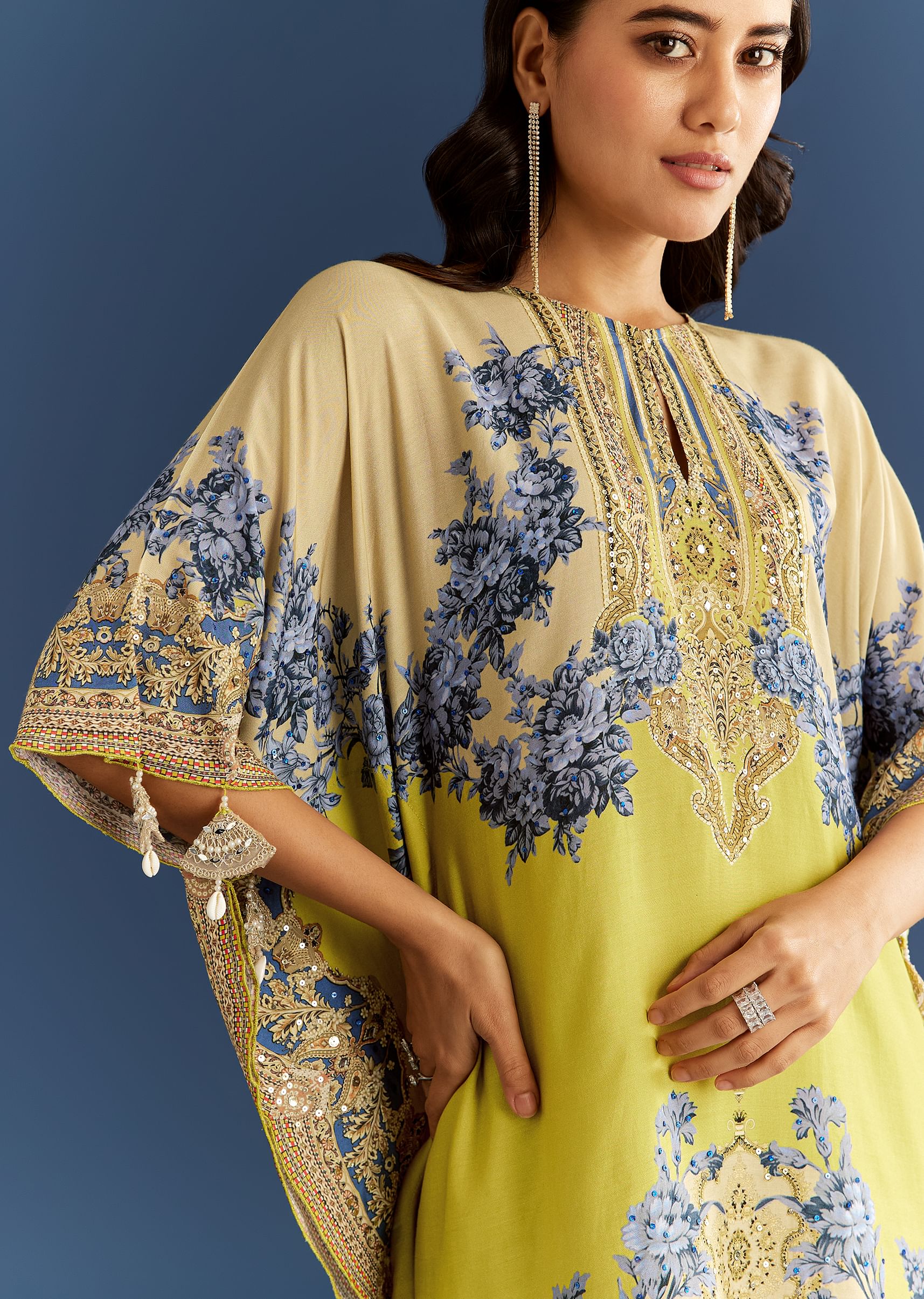 Light Lime Green Cotton Muslin Kaftaan With Floral Print Palazzo - Image 4
