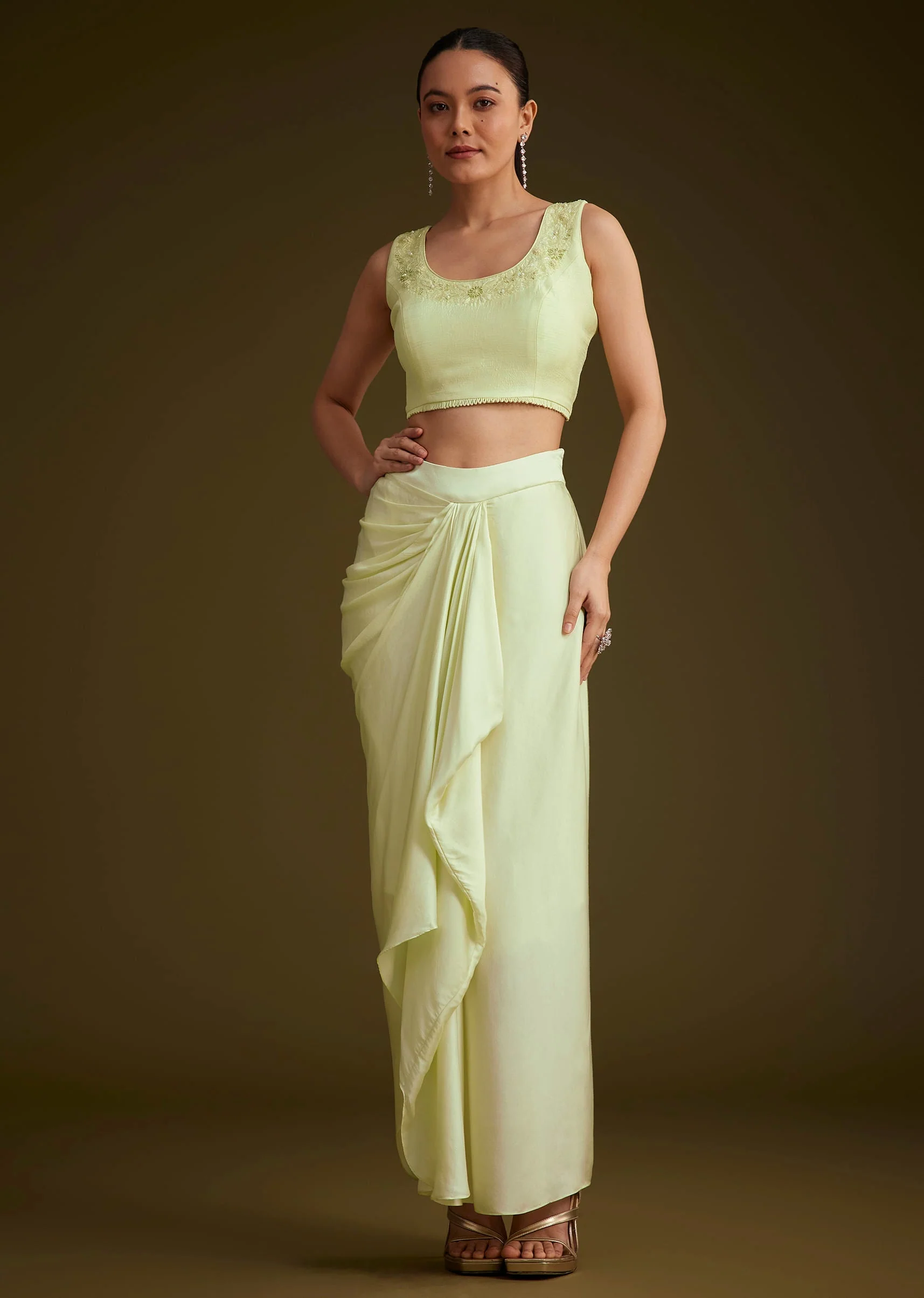 Light Lime Green Embroidered Crop Top And Jacket Set - Image 6