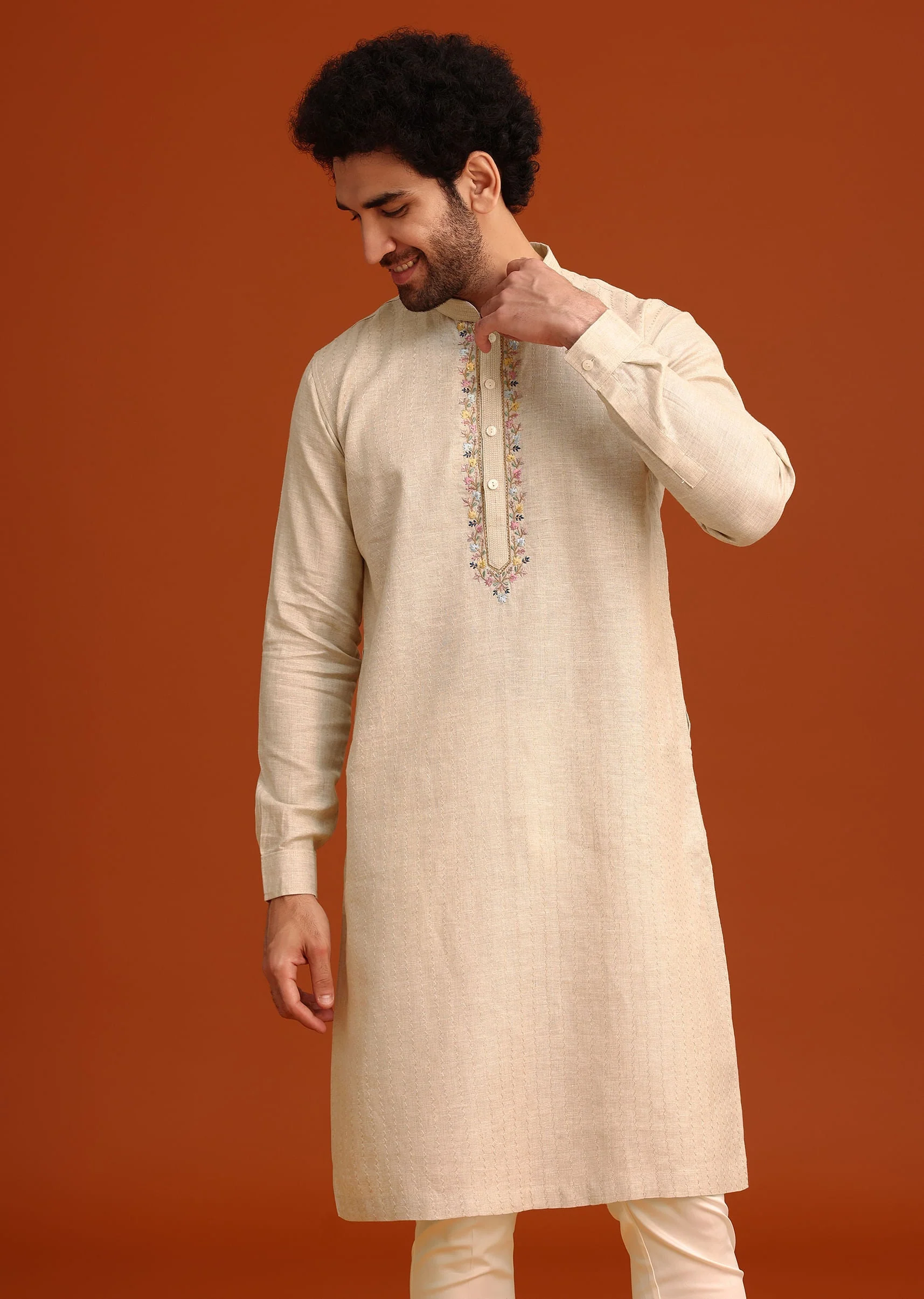 Light Natural Floral Resham Embroidered Kurta And Pant Set - Image 3