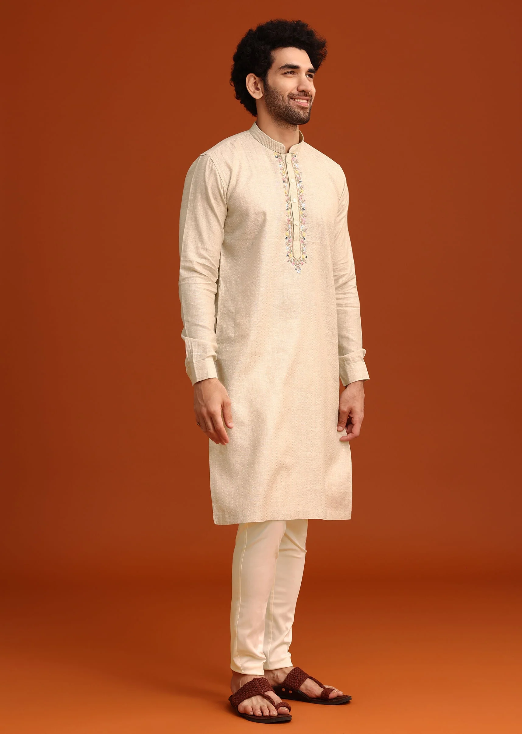 Light Natural Floral Resham Embroidered Kurta And Pant Set - Image 4
