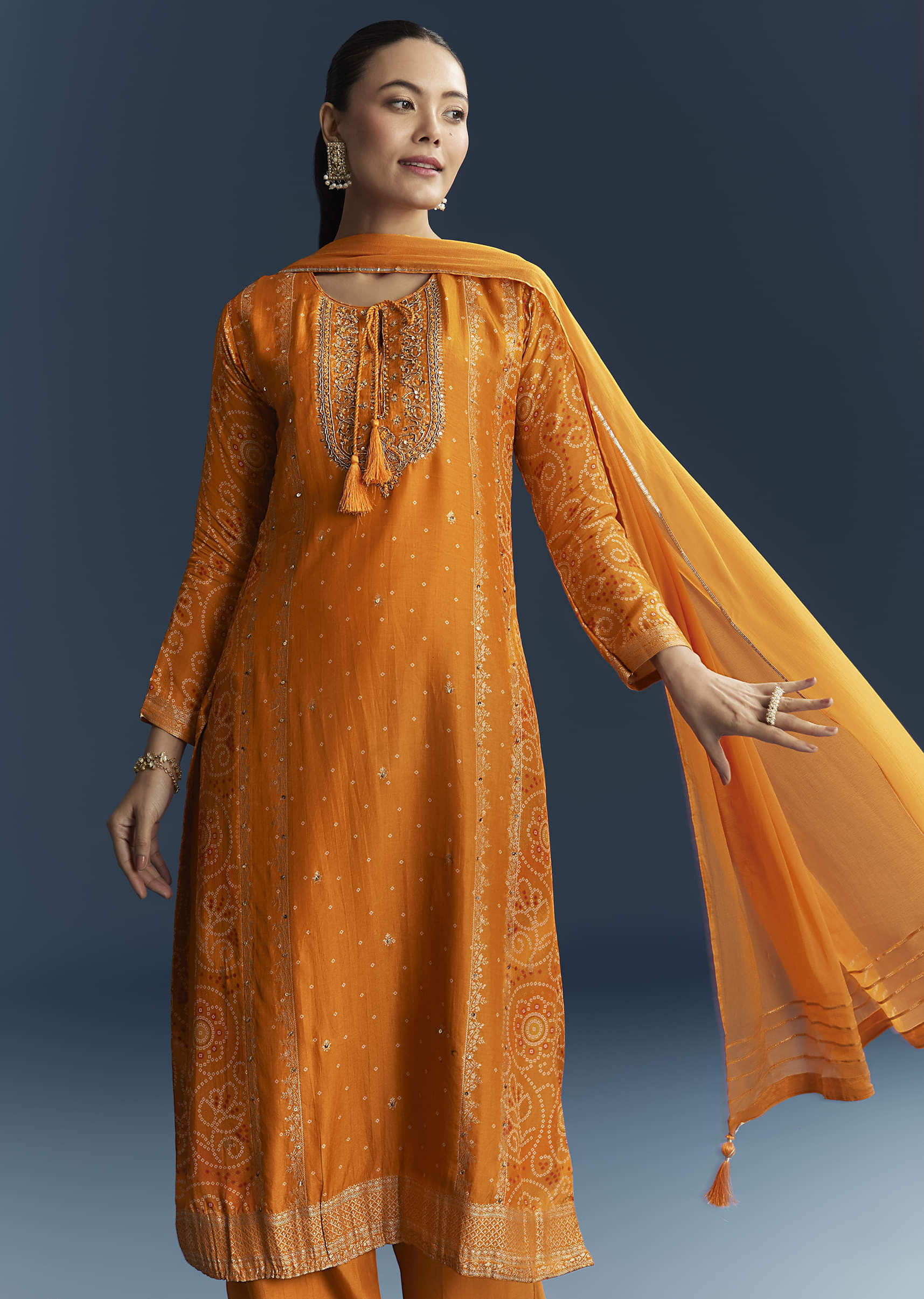 Light Orange Silk Bandhani Palazzo Suit With Embroidery - Image 4