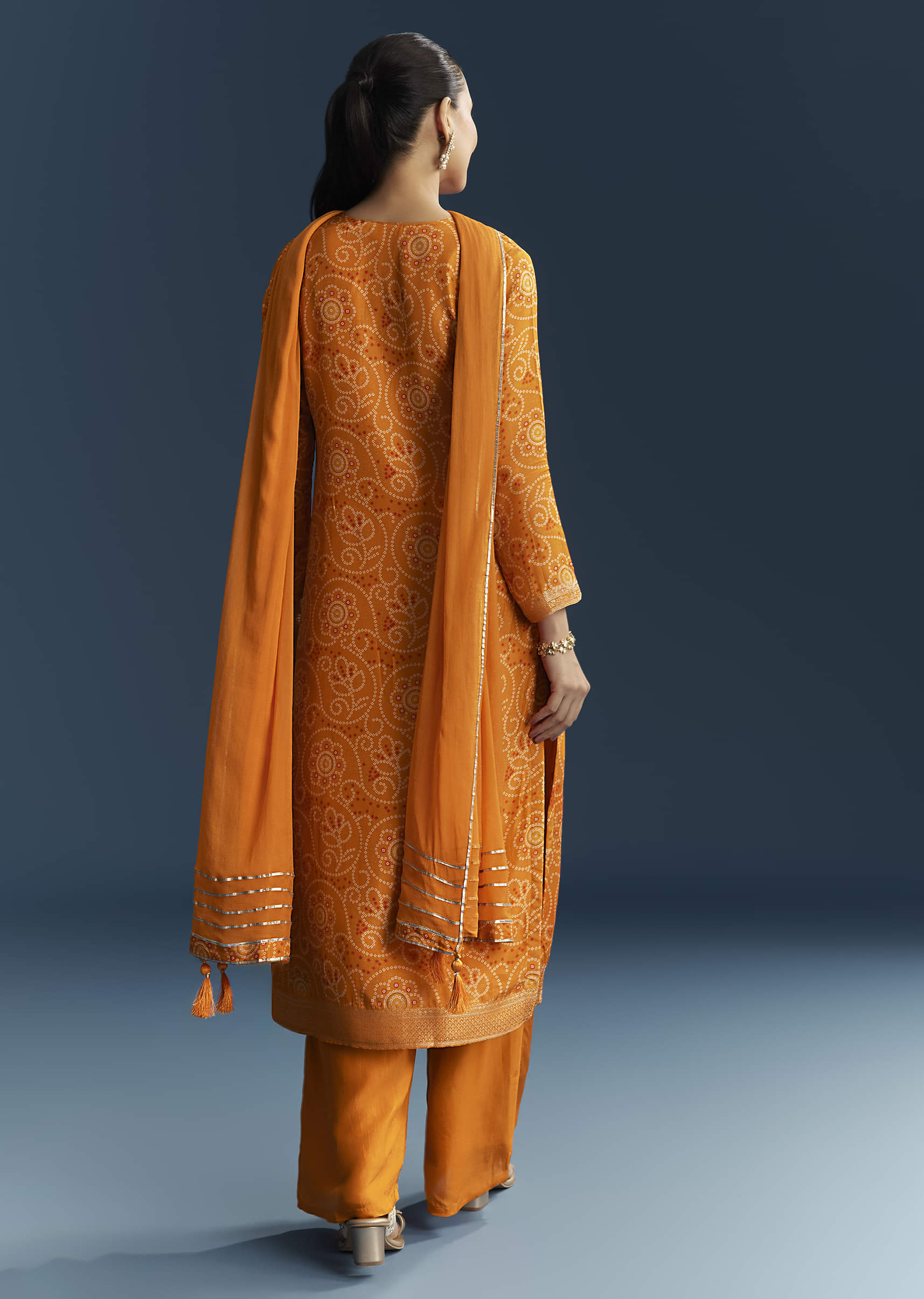 Light Orange Silk Bandhani Palazzo Suit With Embroidery - Image 5