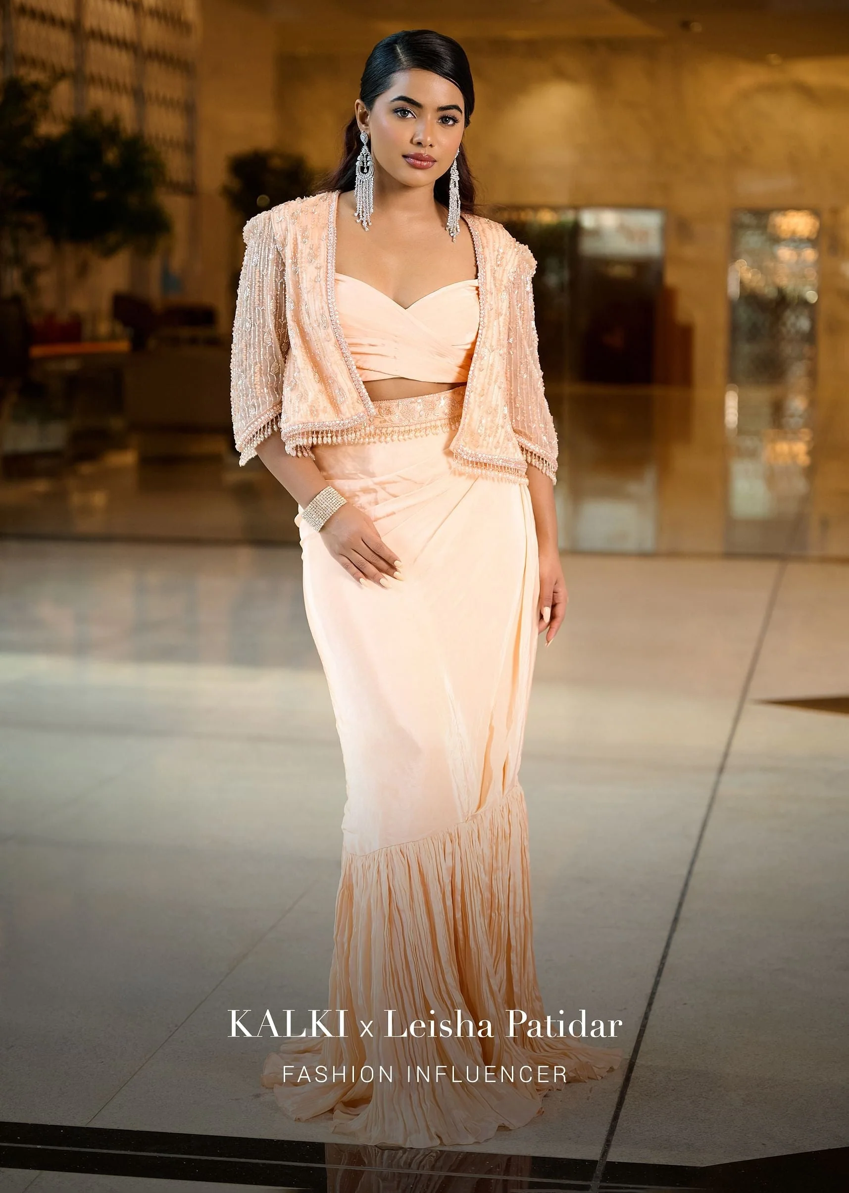 Light Peach Pleated Blouse With Short Jacket And Draped Frill Skirt - Image 4