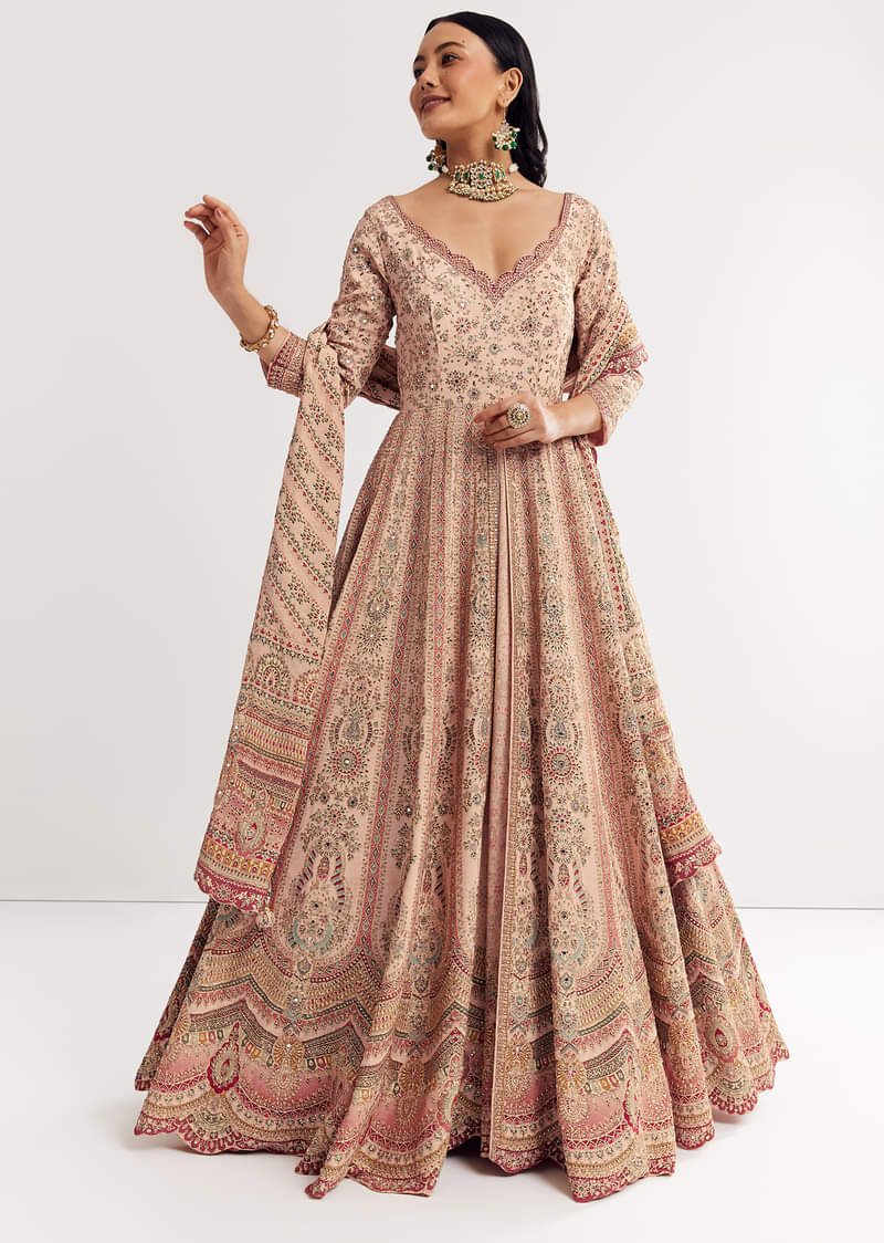 Light Peach Printed Crepe Anarkali Suit With Embroidery - Image 2