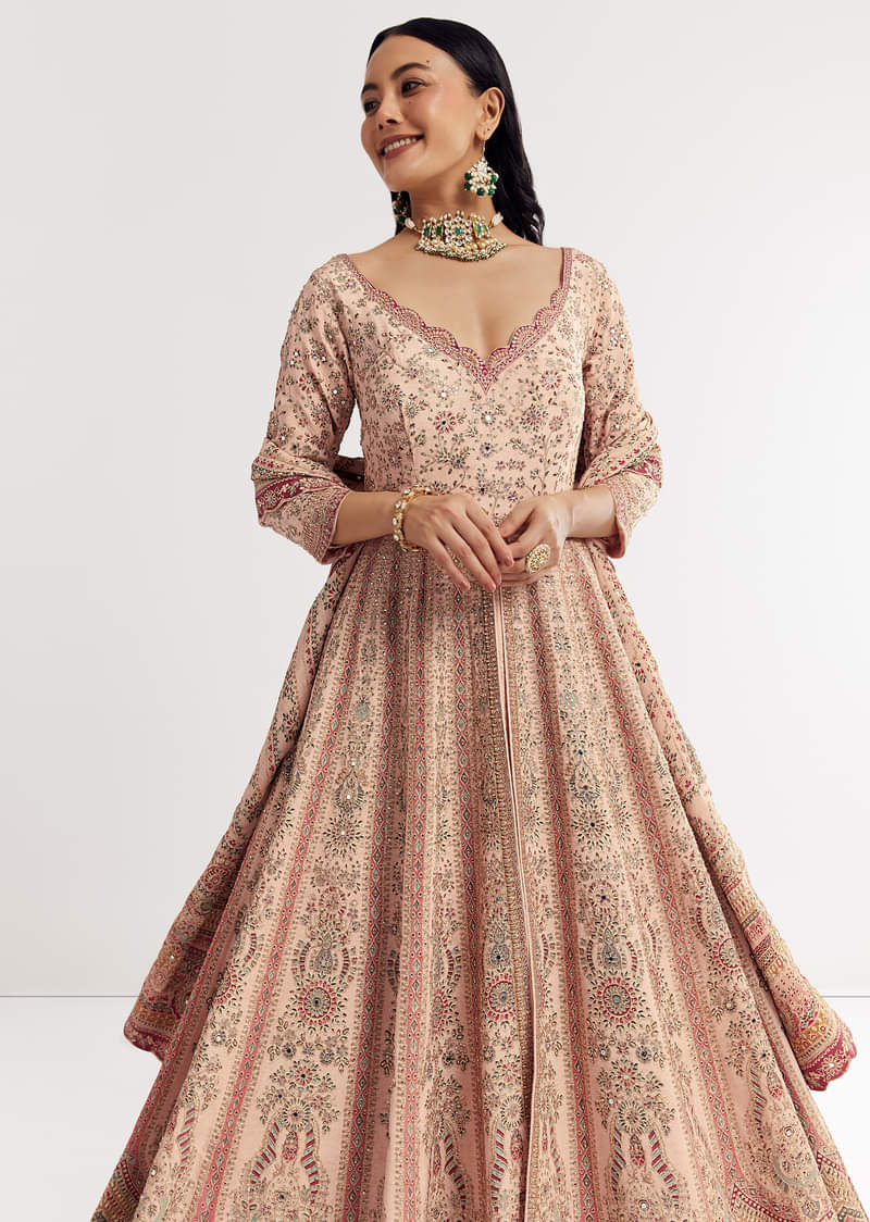 Light Peach Printed Crepe Anarkali Suit With Embroidery - Image 3
