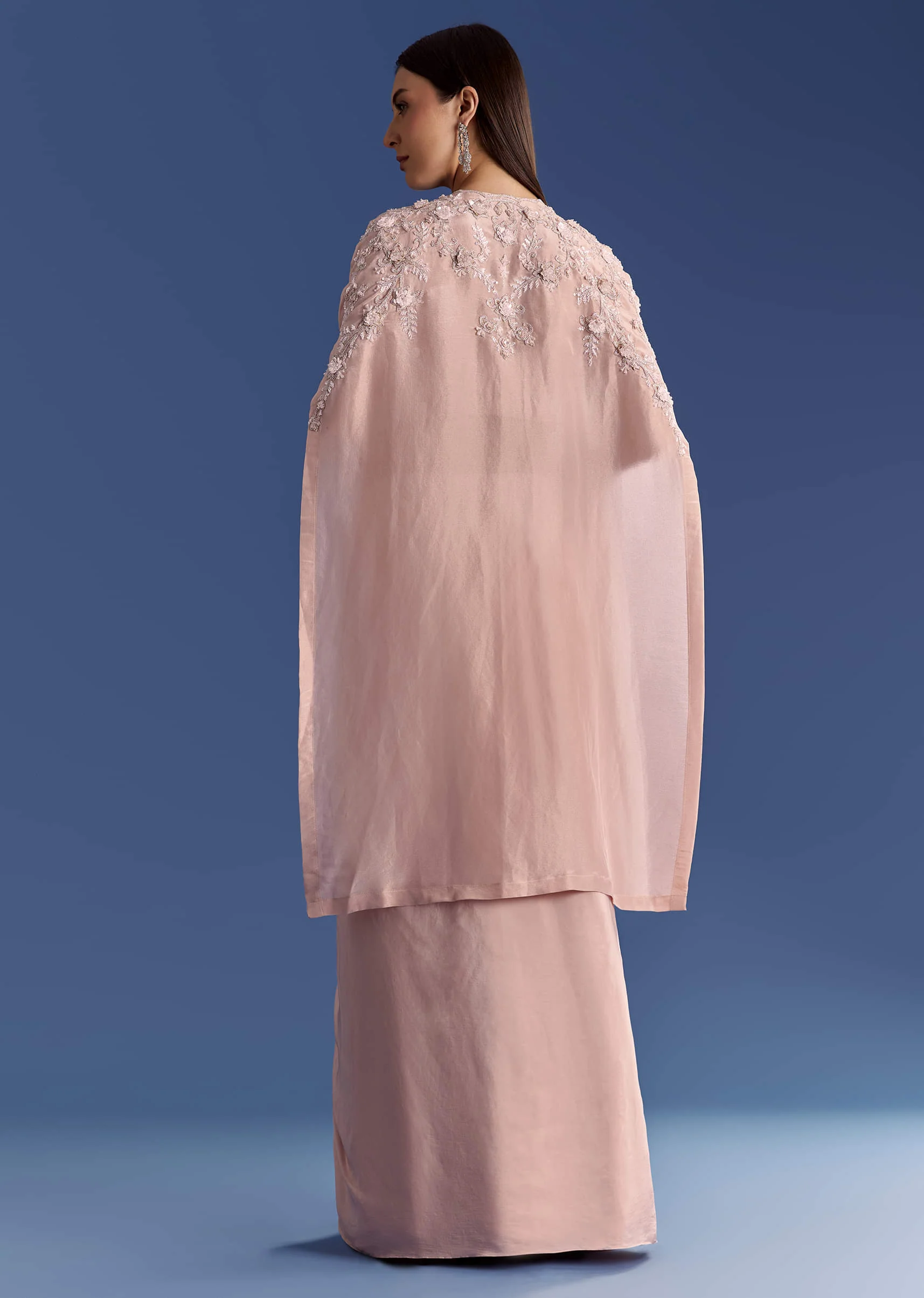 Light Peach Tissue Cape Set With Embroidered Croptop And Skirt - Image 5