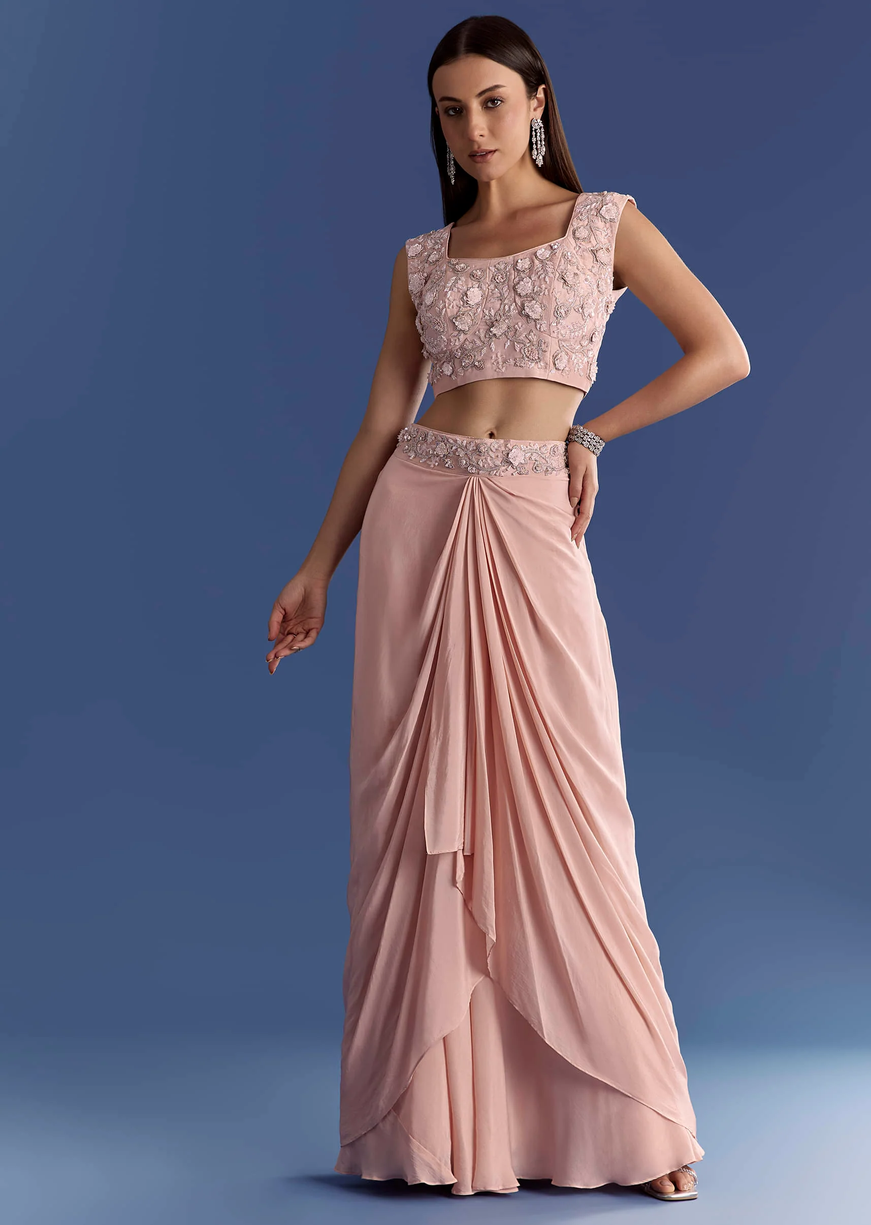 Light Peach Tissue Cape Set With Embroidered Croptop And Skirt - Image 6