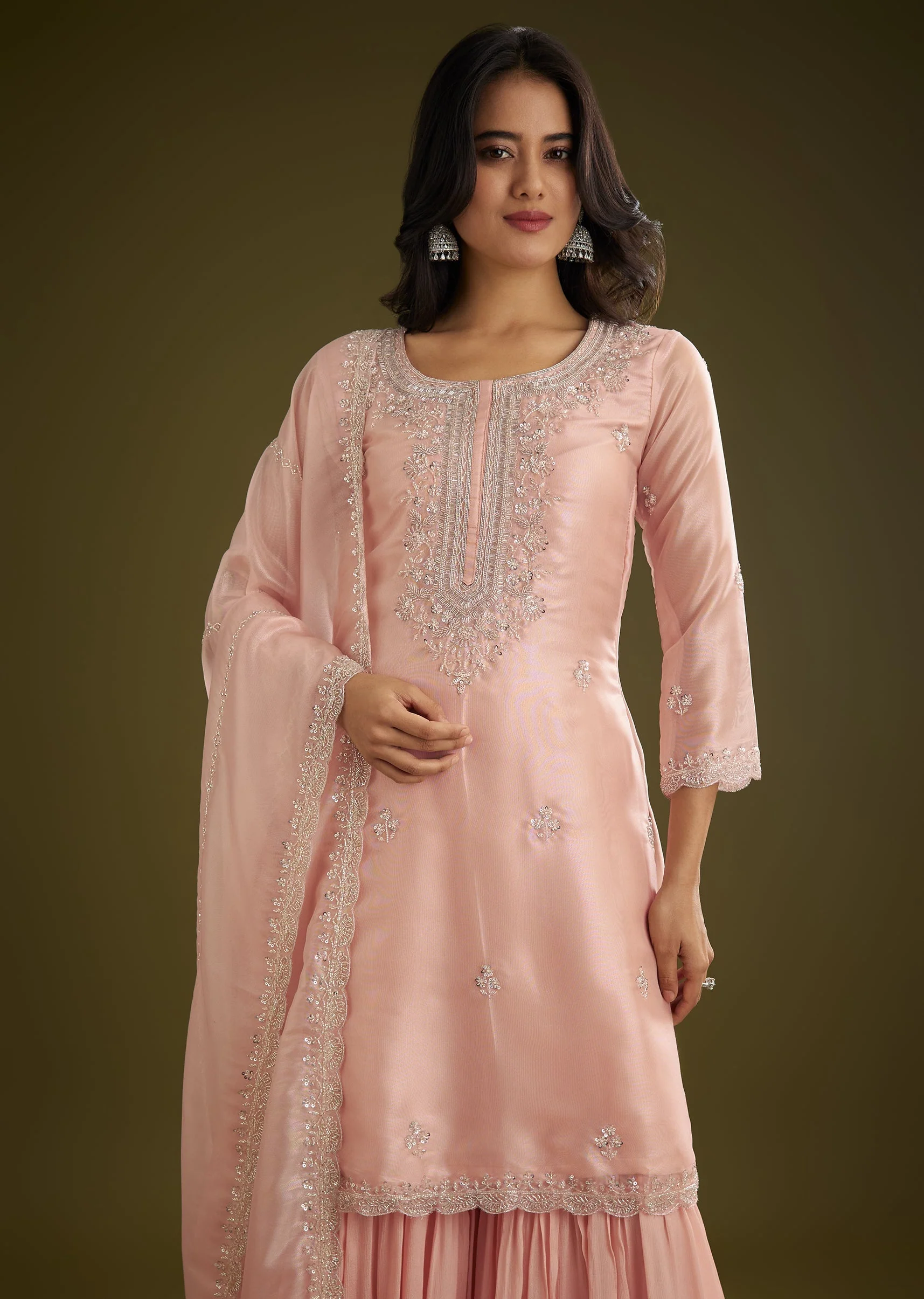 Light Peach Tissue Cut Dana Beads Kurta Set With Embroidered Dupatta - Image 2