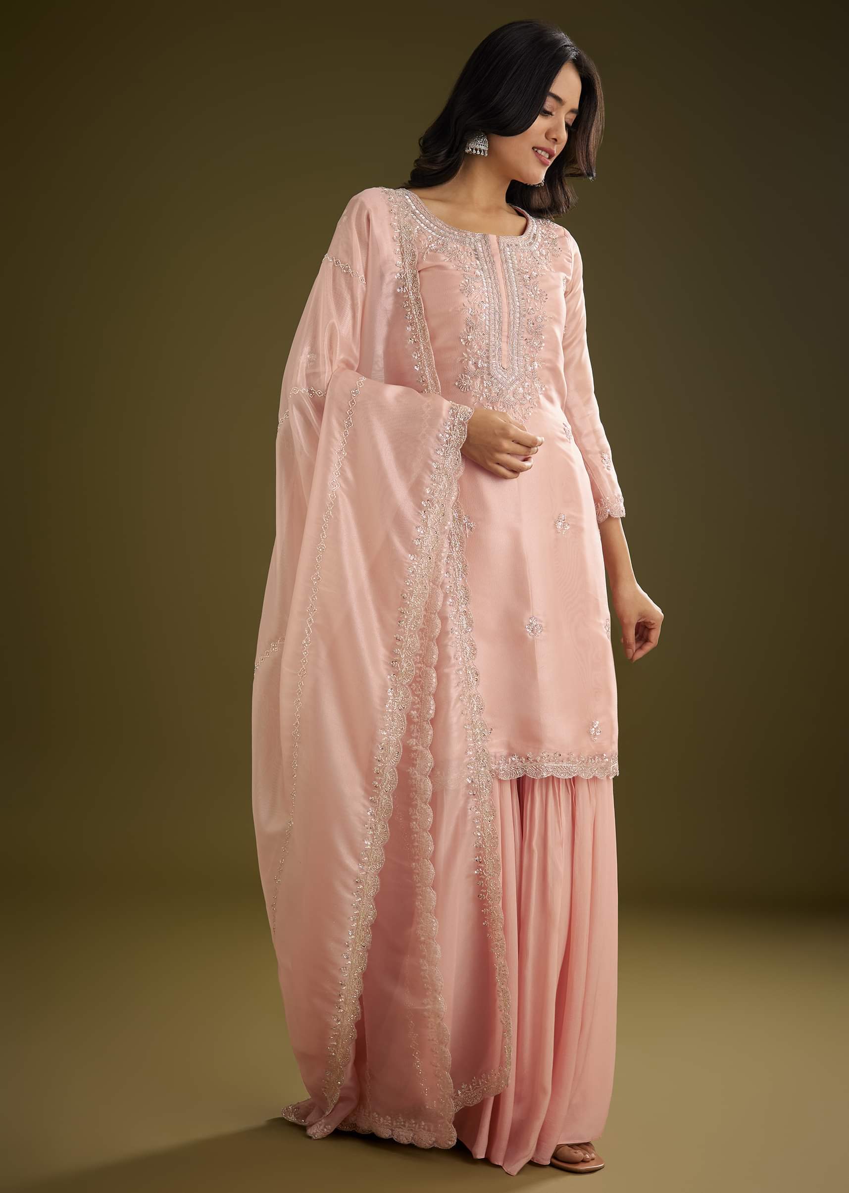 Light Peach Tissue Cut Dana Beads Kurta Set With Embroidered Dupatta - Image 3