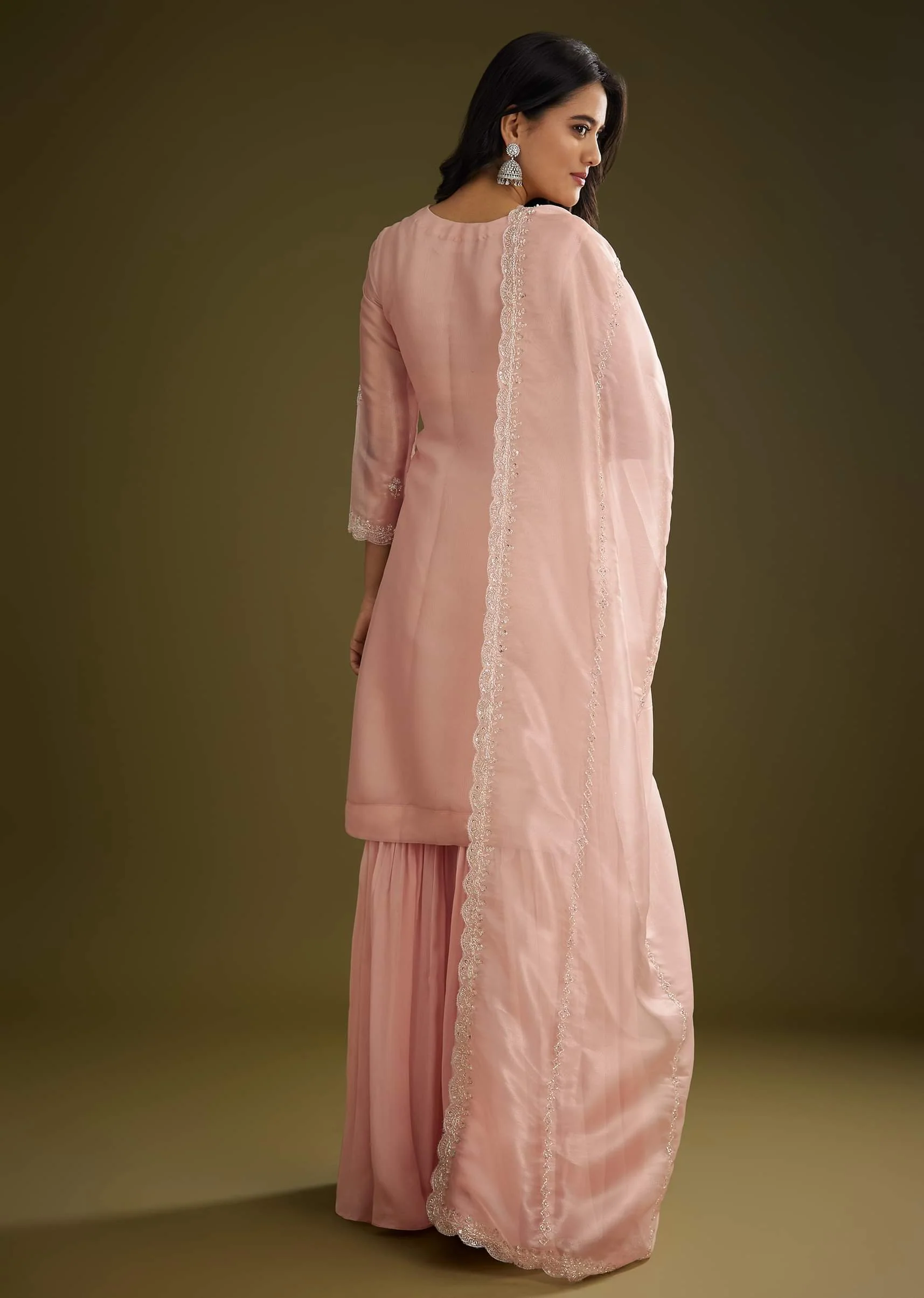 Light Peach Tissue Cut Dana Beads Kurta Set With Embroidered Dupatta - Image 5