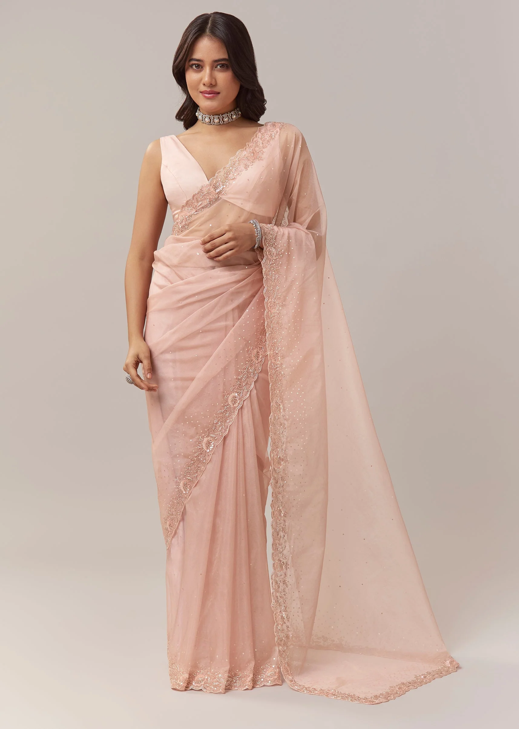 Light Peach Tissue Saree With Floral Embroidery And Sequin Detailing - Image 3
