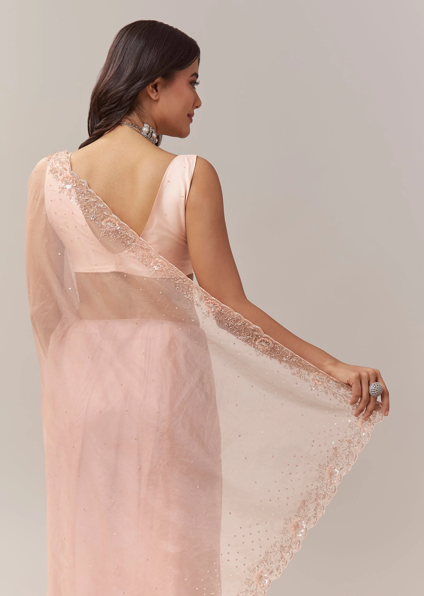 Light Peach Tissue Saree With Floral Embroidery And Sequin Detailing - Image 6