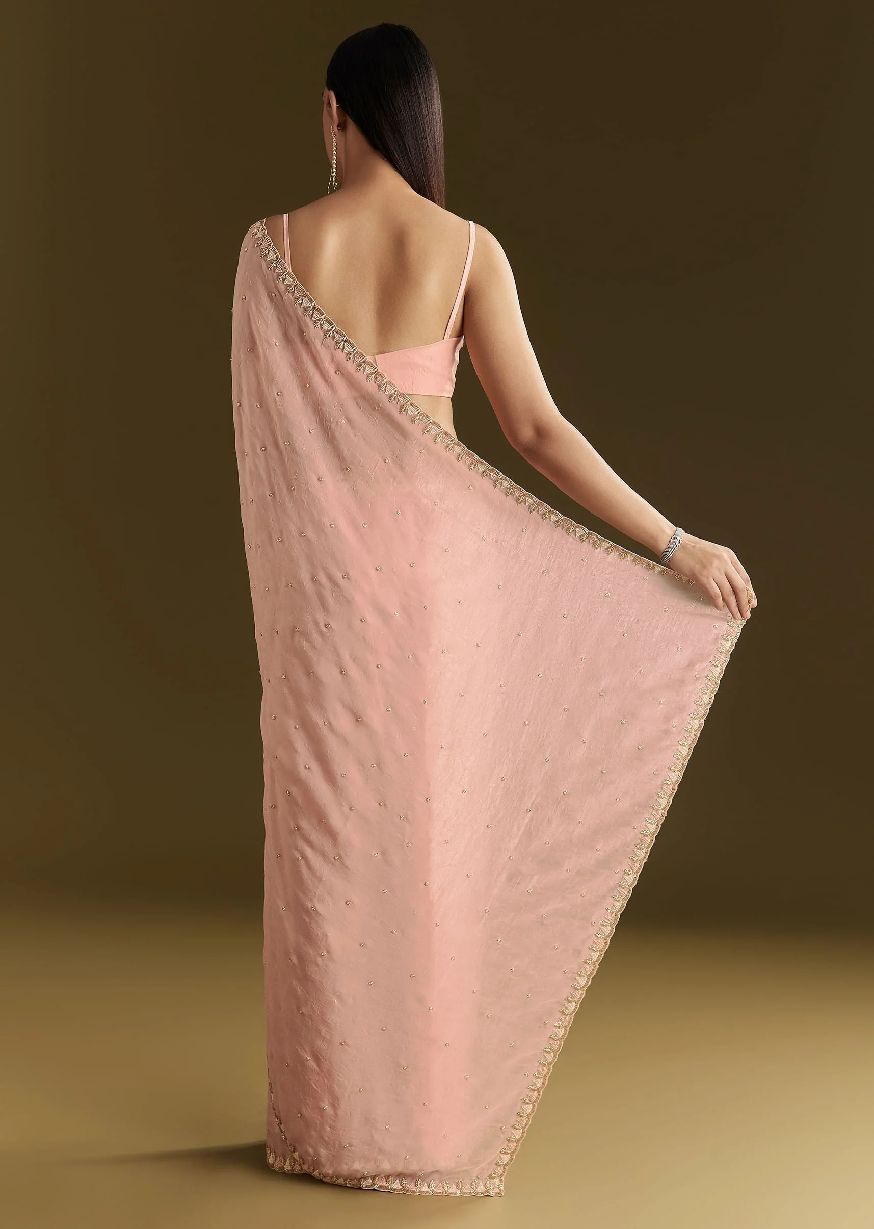 Light Peach Tissue Silk Saree With Stone Embellishments - Image 4