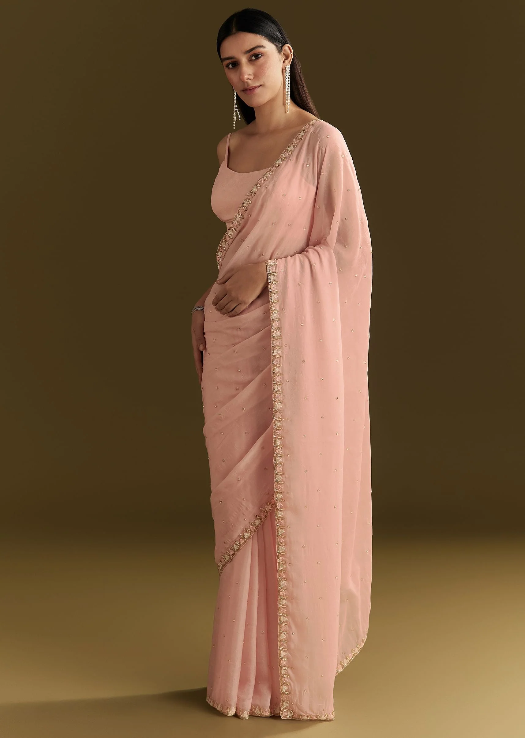 Light Peach Tissue Silk Saree With Stone Embellishments - Image 5