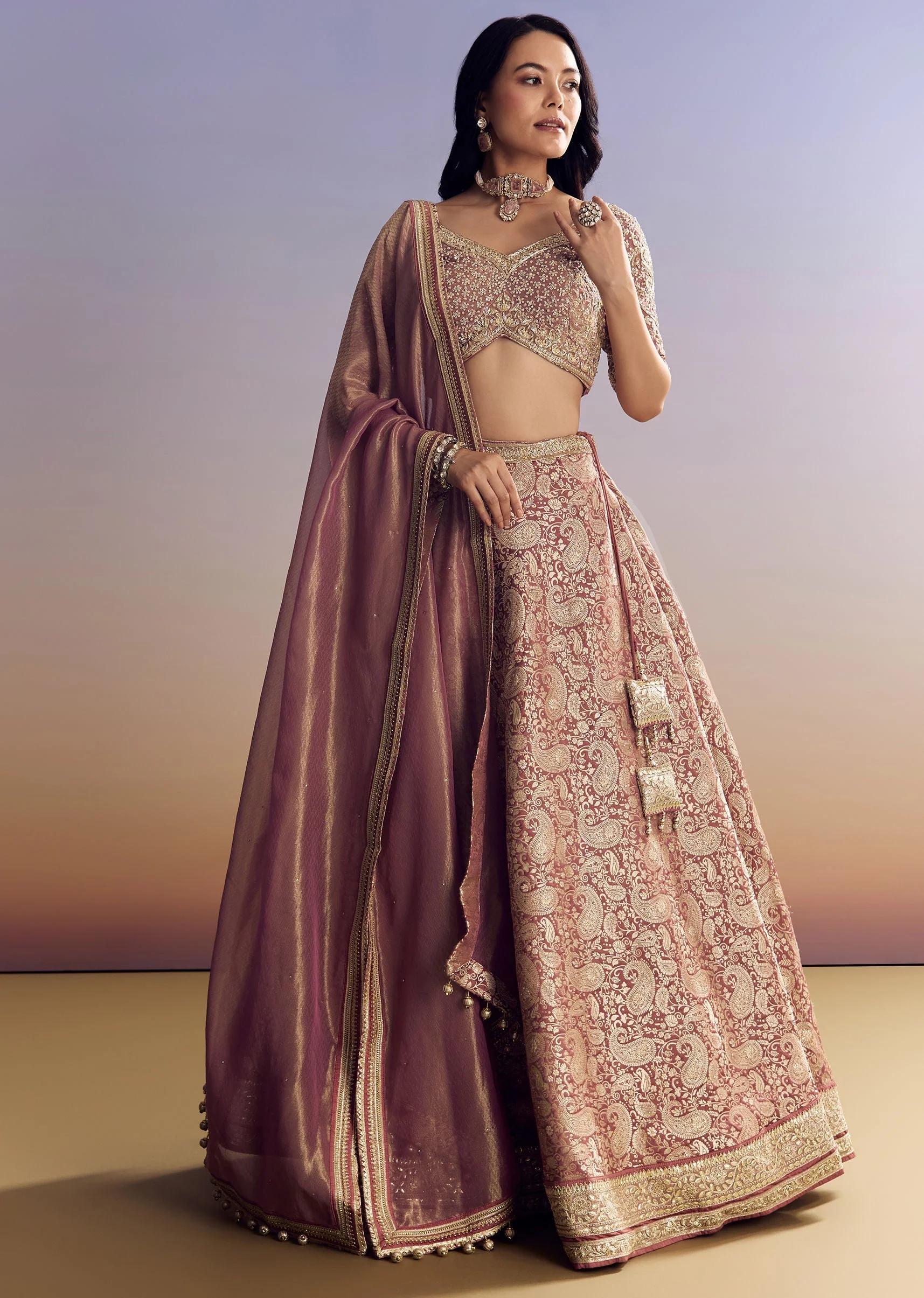 Light Pink Banarasi Silk Lehenga Set With Embroidered Choli - Image 3