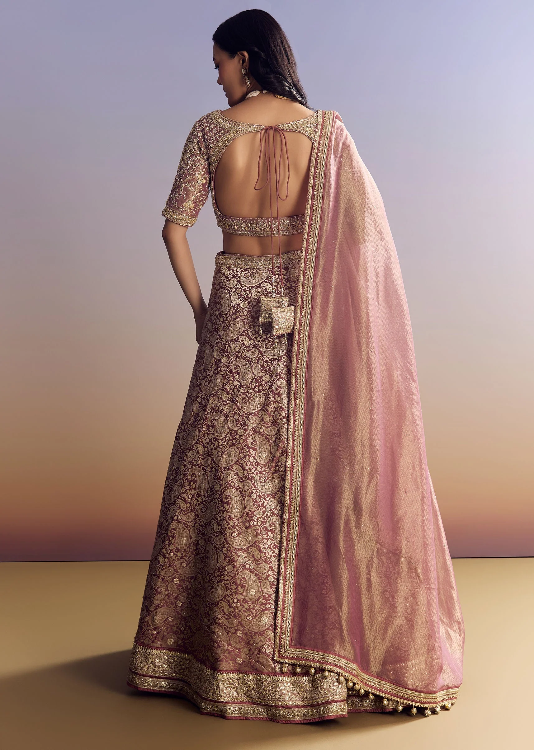 Light Pink Banarasi Silk Lehenga Set With Embroidered Choli - Image 5
