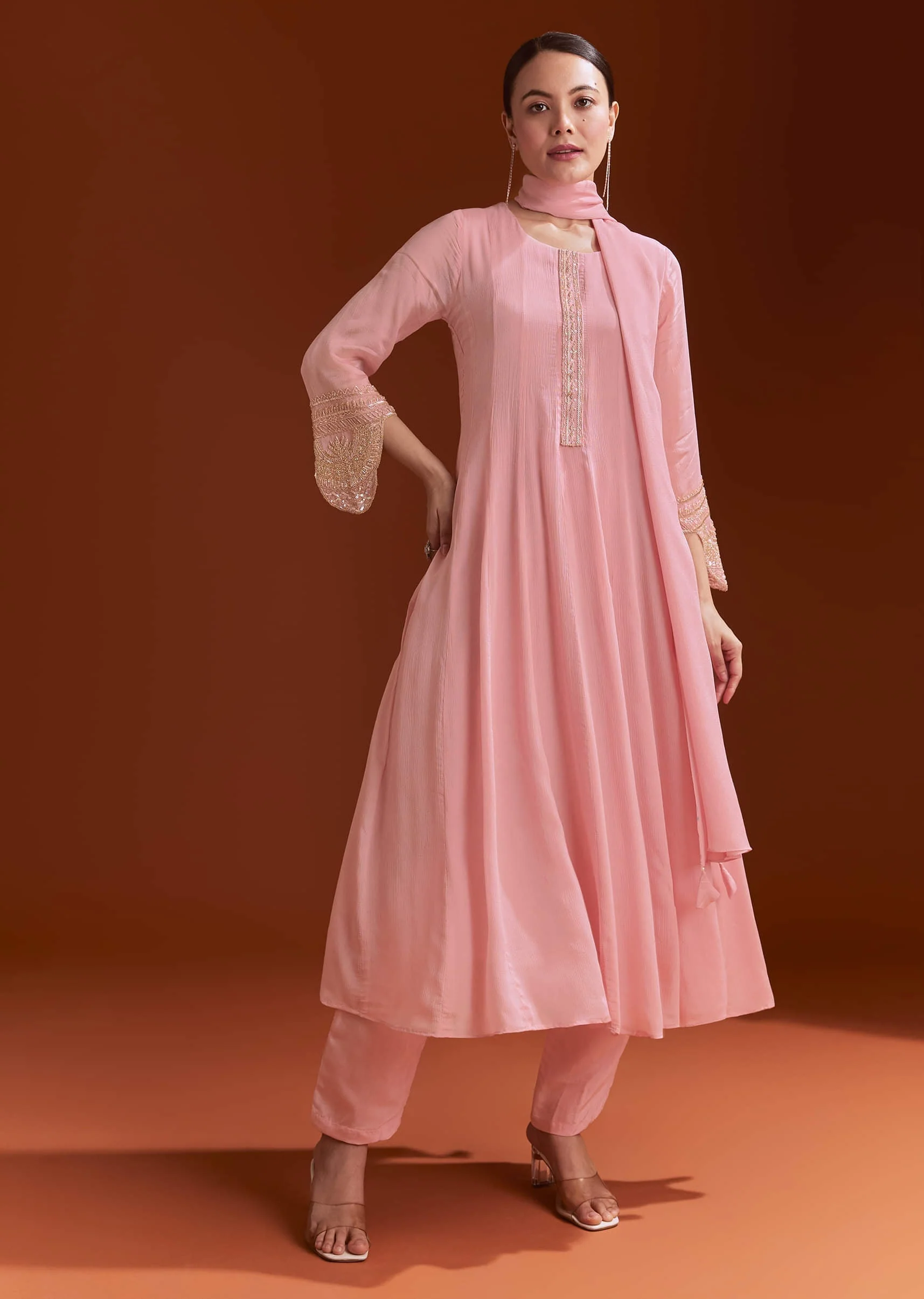 Light Pink Chinon Anarkali Suit With Cut Dana And Beads Work - Image 2