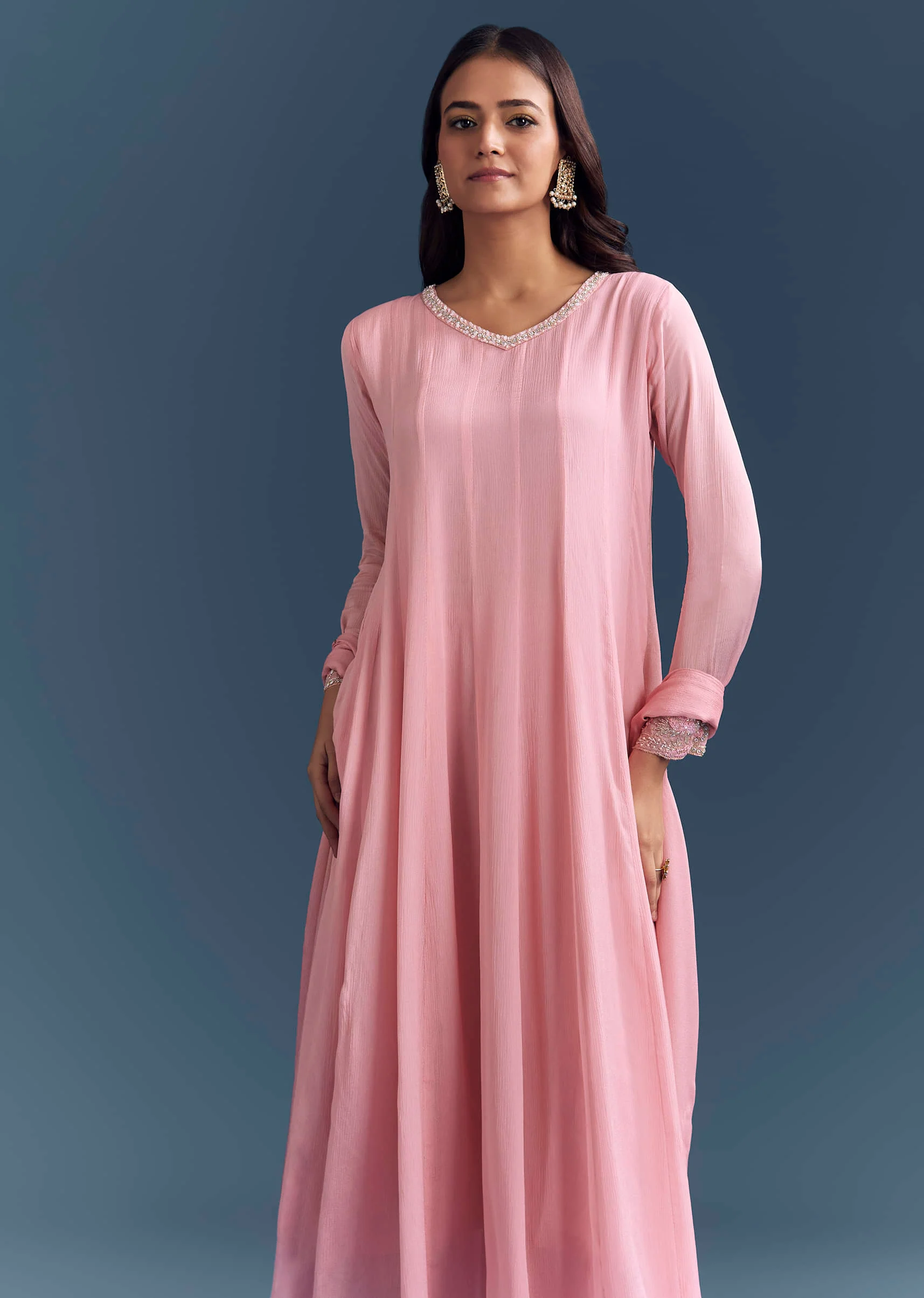 Light Pink Chinon Anarkali Suit With Cutdana And Sequins Embroidery - Image 4