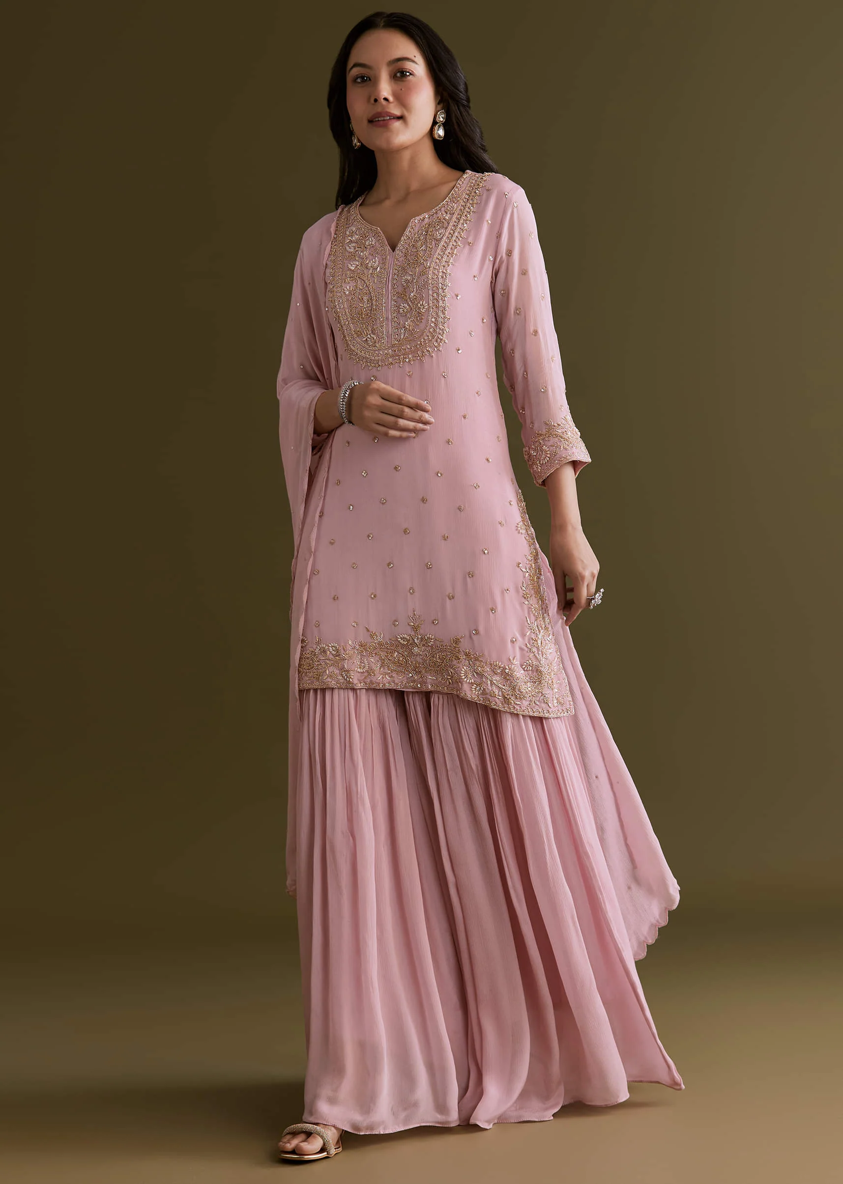 Light Pink Chinon Sharara Suit With Zardosi Embroidered Dupatta - Image 2