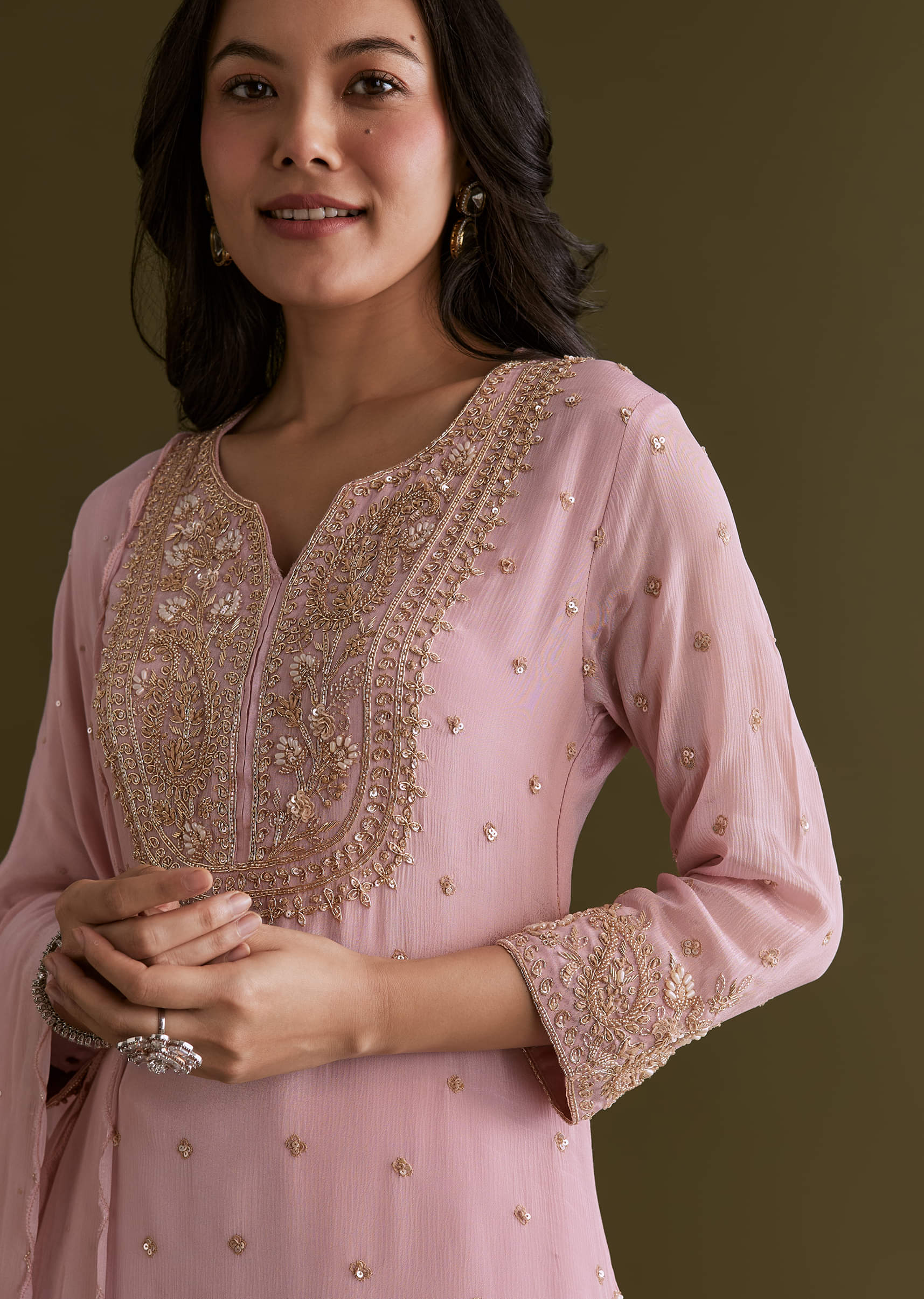 Light Pink Chinon Sharara Suit With Zardosi Embroidered Dupatta - Image 3