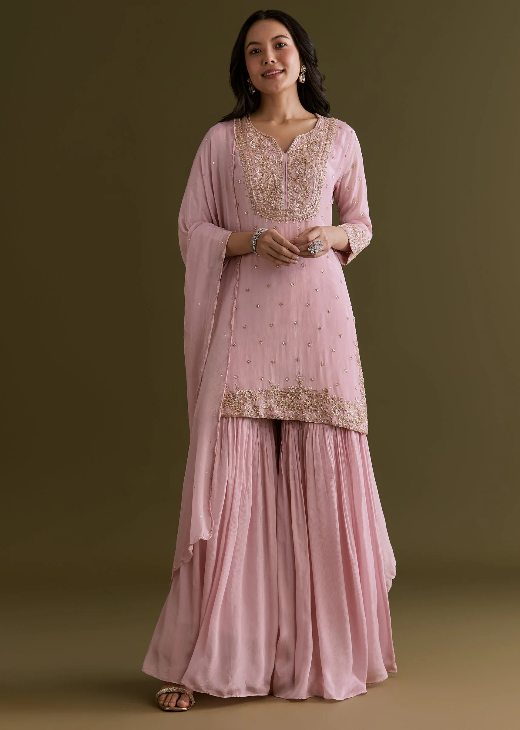 Light Pink Chinon Sharara Suit With Zardosi Embroidered Dupatta - Image 4
