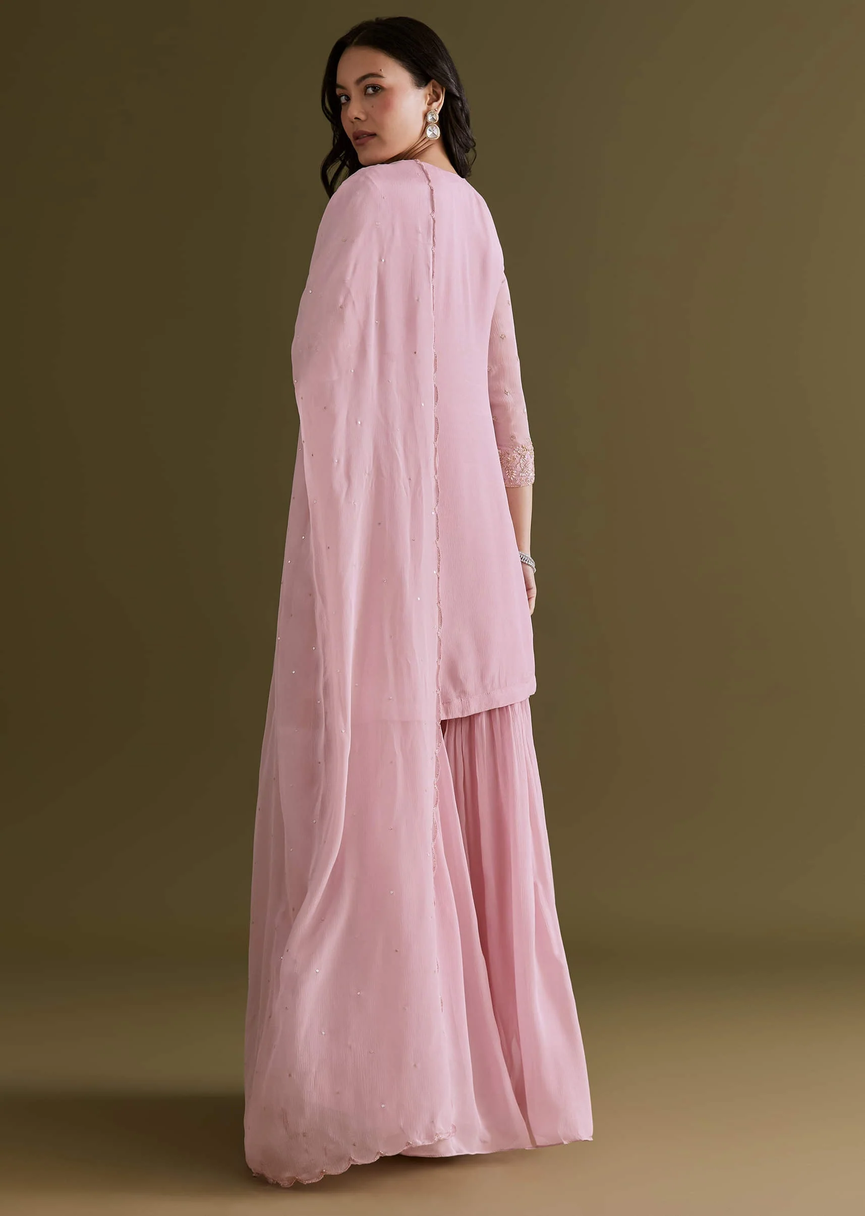 Light Pink Chinon Sharara Suit With Zardosi Embroidered Dupatta - Image 5