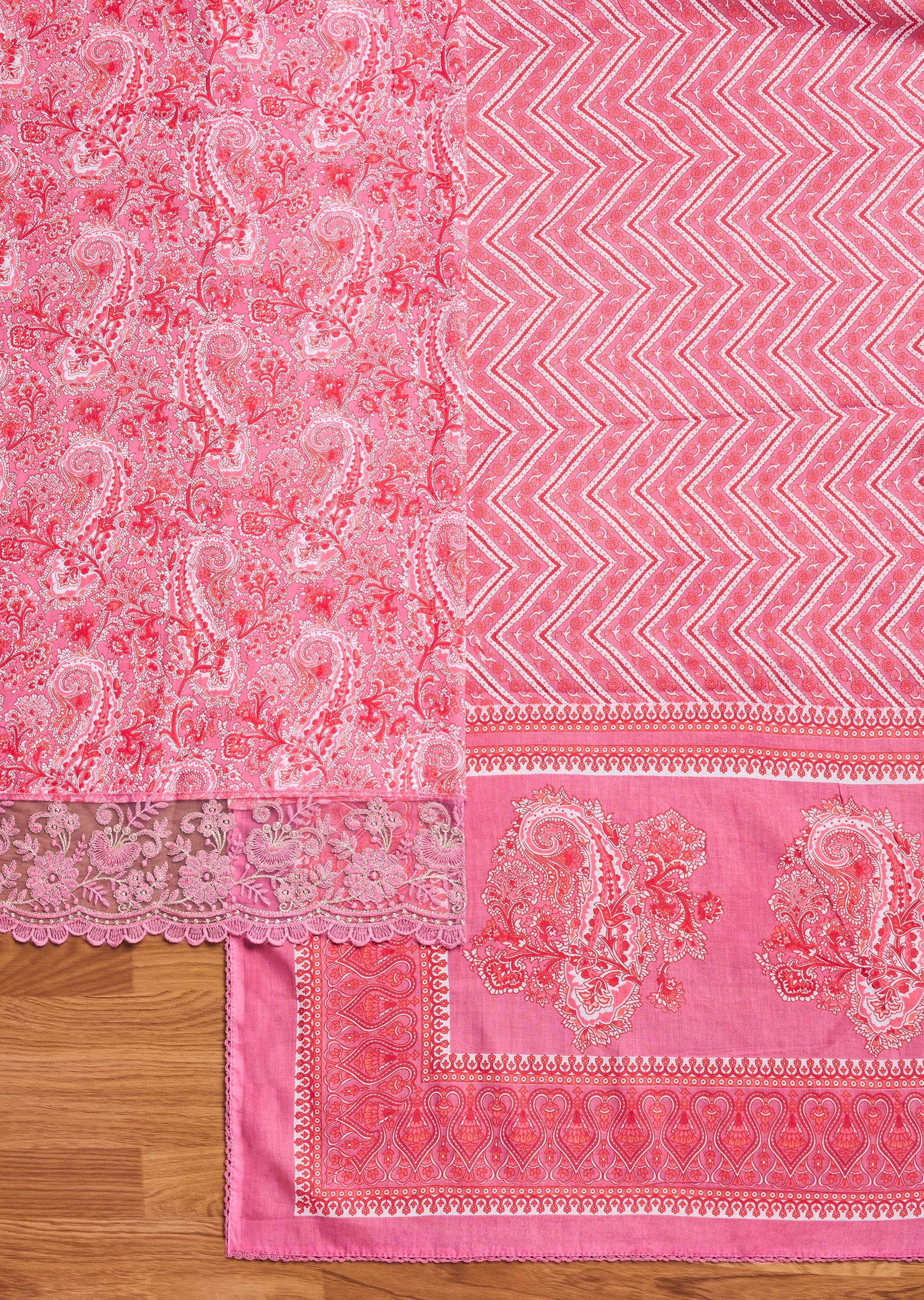 Light Pink Cotton Printed Unstitched Suit Set - Image 3