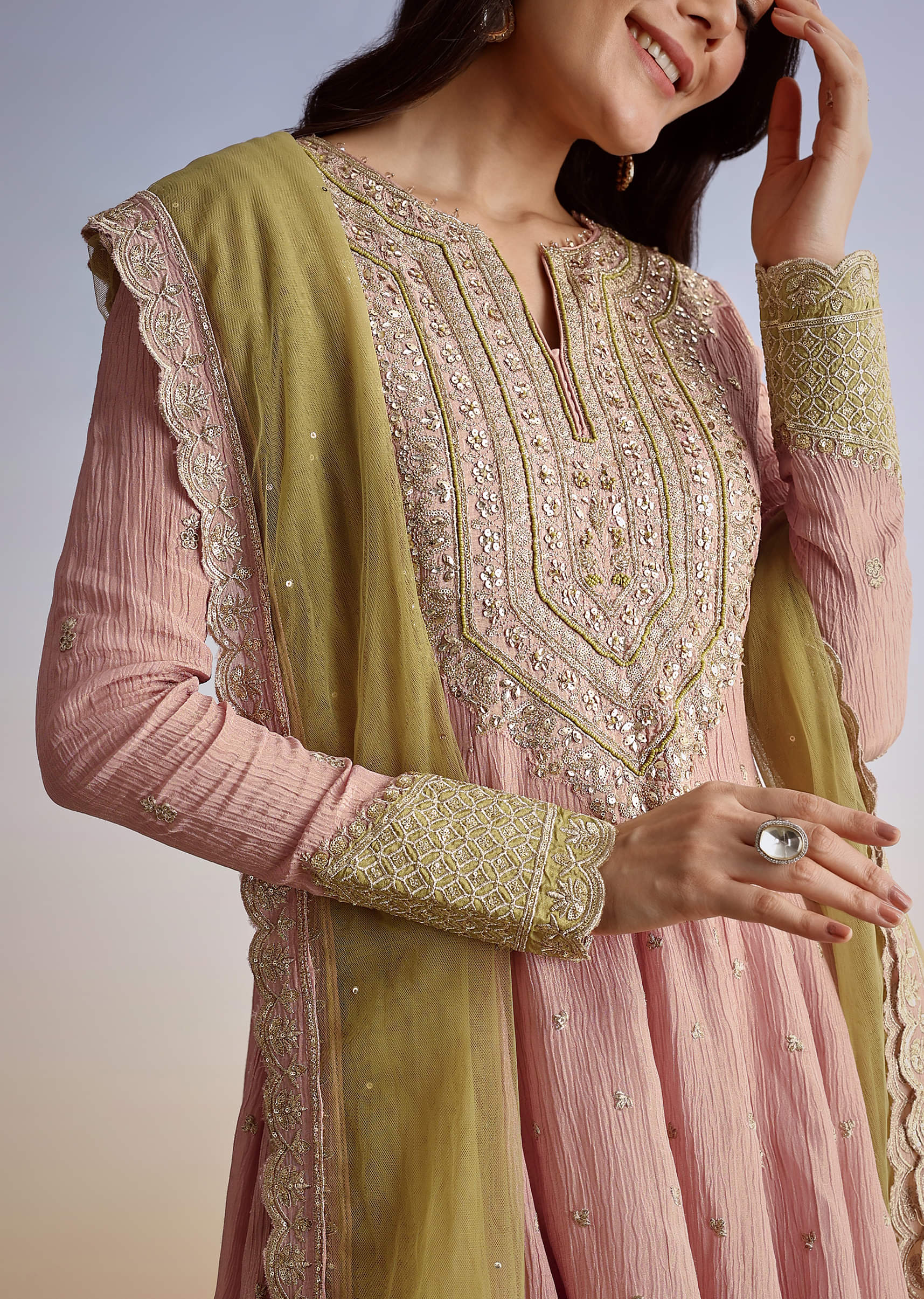Light Pink Crush Tissue Sharara Suit With Zari Sequins - Image 2