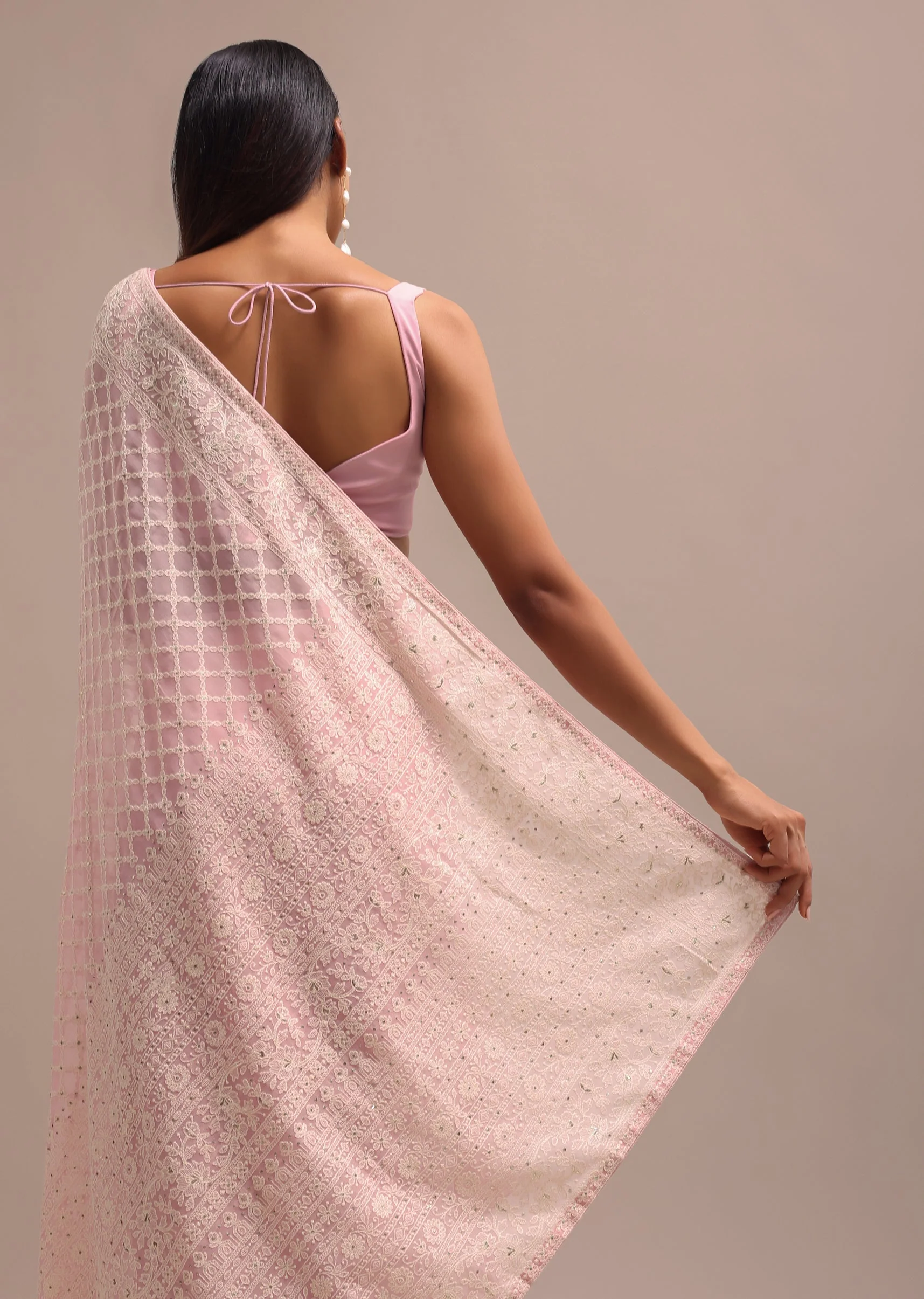 Light Pink Georgette Chikankari Jaal Work Saree With Unstitched Blouse - Image 4