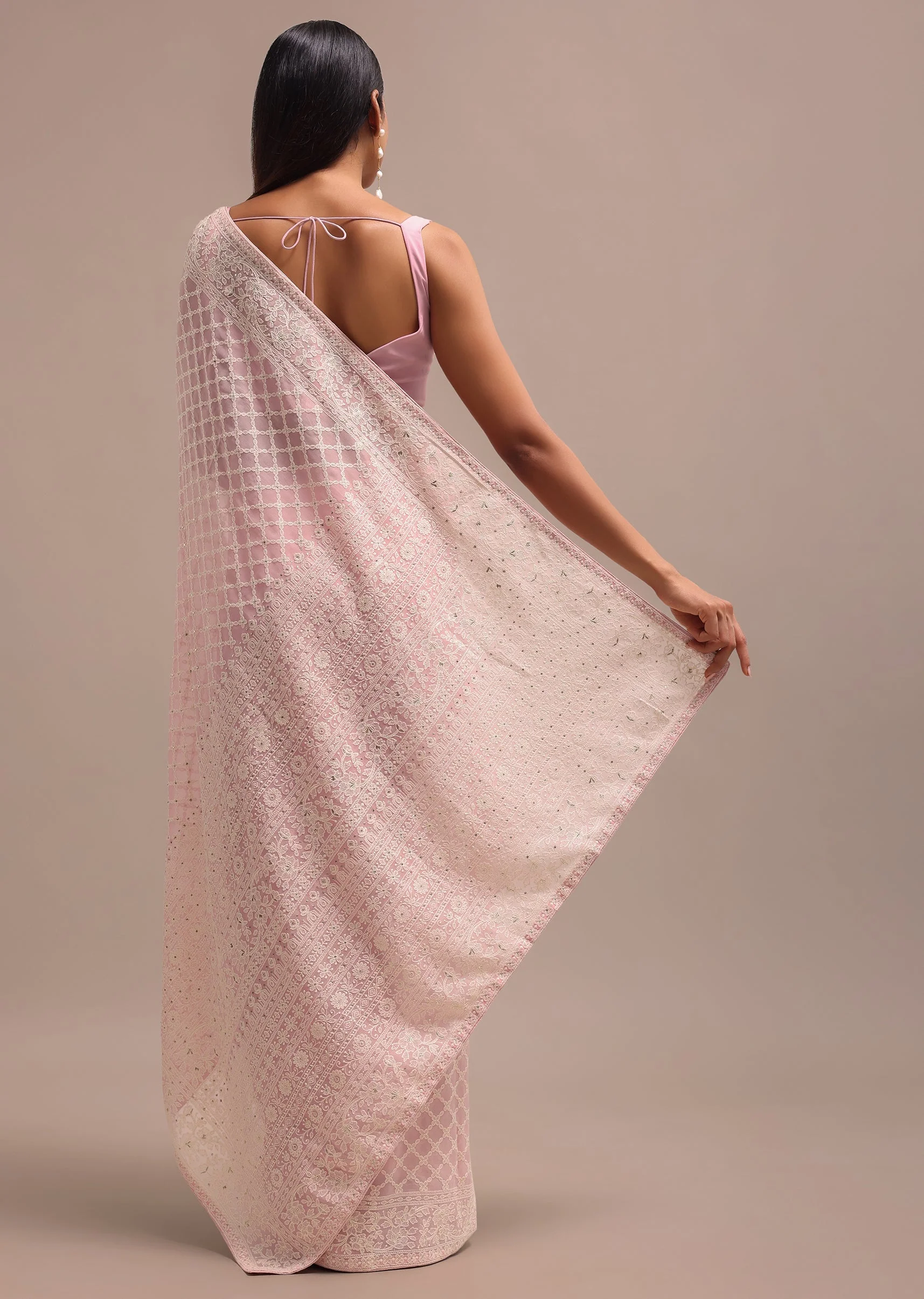 Light Pink Georgette Chikankari Jaal Work Saree With Unstitched Blouse - Image 6