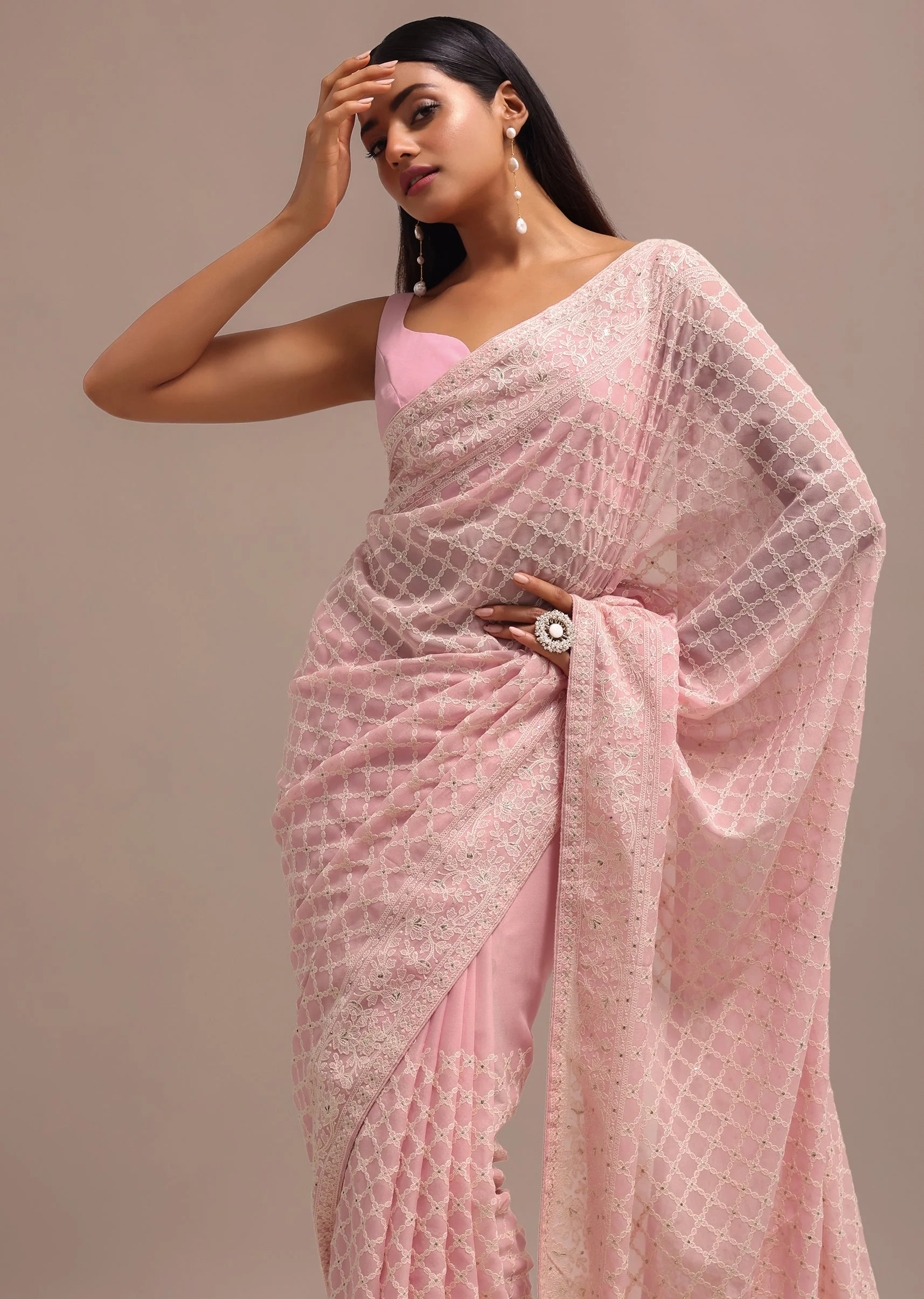 Light Pink Georgette Chikankari Jaal Work Saree With Unstitched Blouse - Image 9