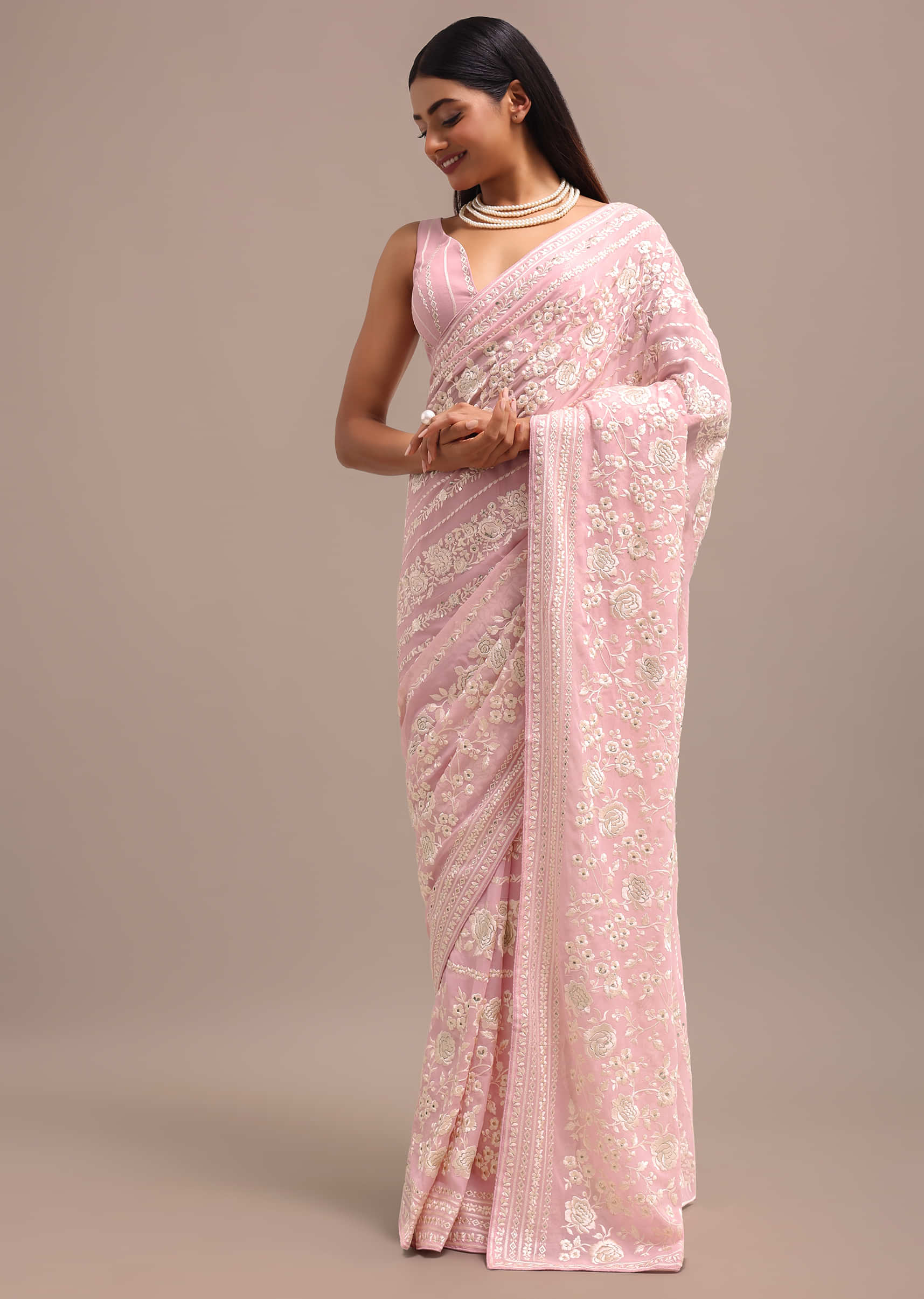 Light Pink Georgette Parsi Gara Saree With Unstitched Blouse - Image 2
