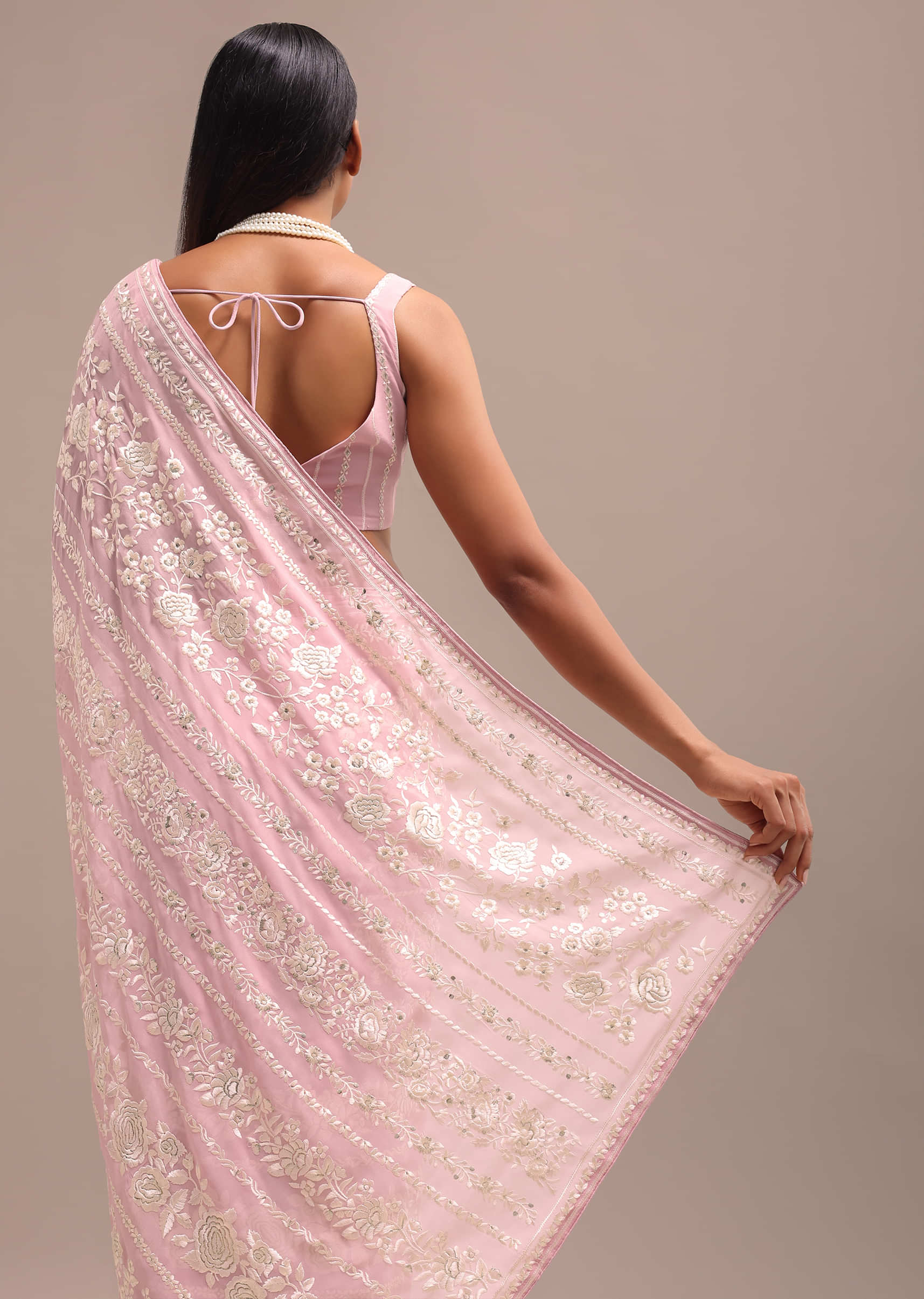 Light Pink Georgette Parsi Gara Saree With Unstitched Blouse - Image 6