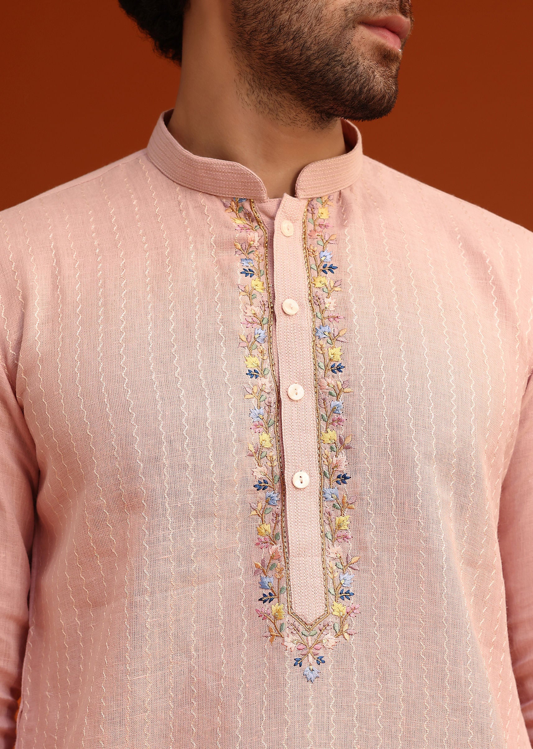 Light Pink Hand Embroidered Kurta And Pant Set - Image 2