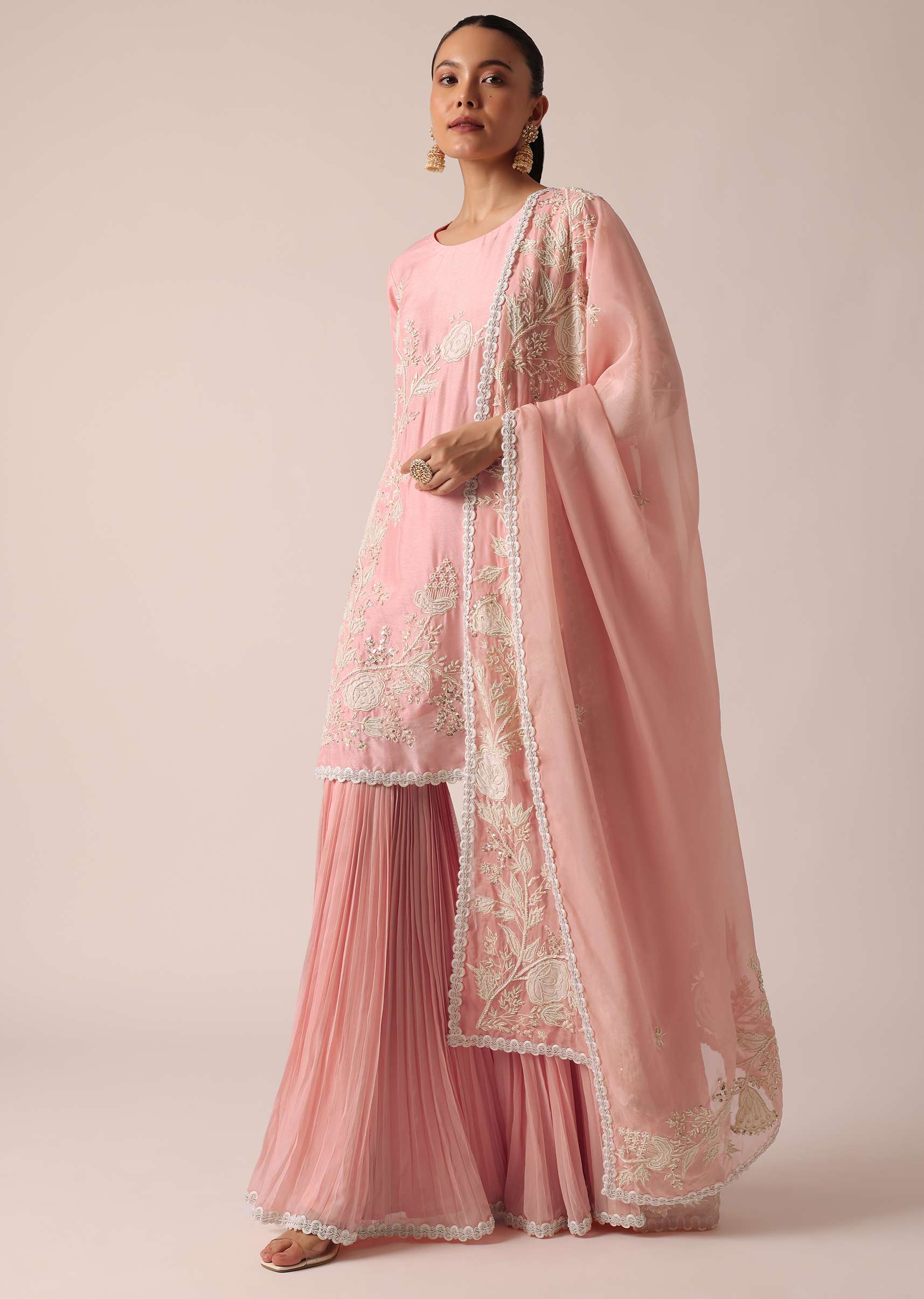Light Pink Kurta Sharara Set In Chanderi Silk - Image 3