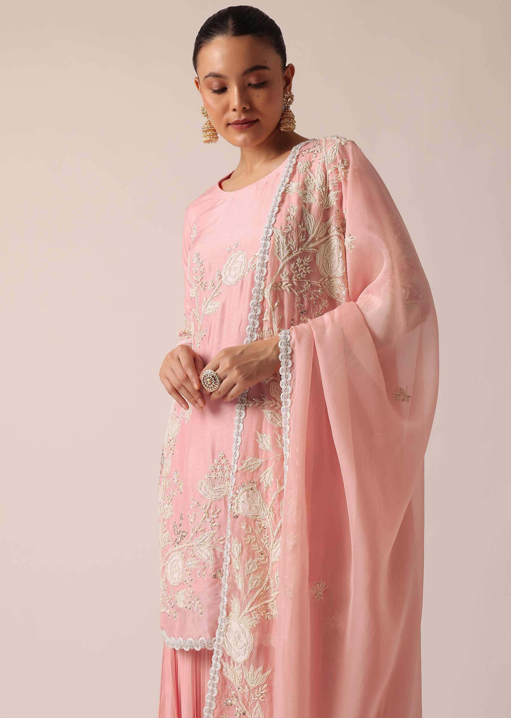 Light Pink Kurta Sharara Set In Chanderi Silk - Image 4