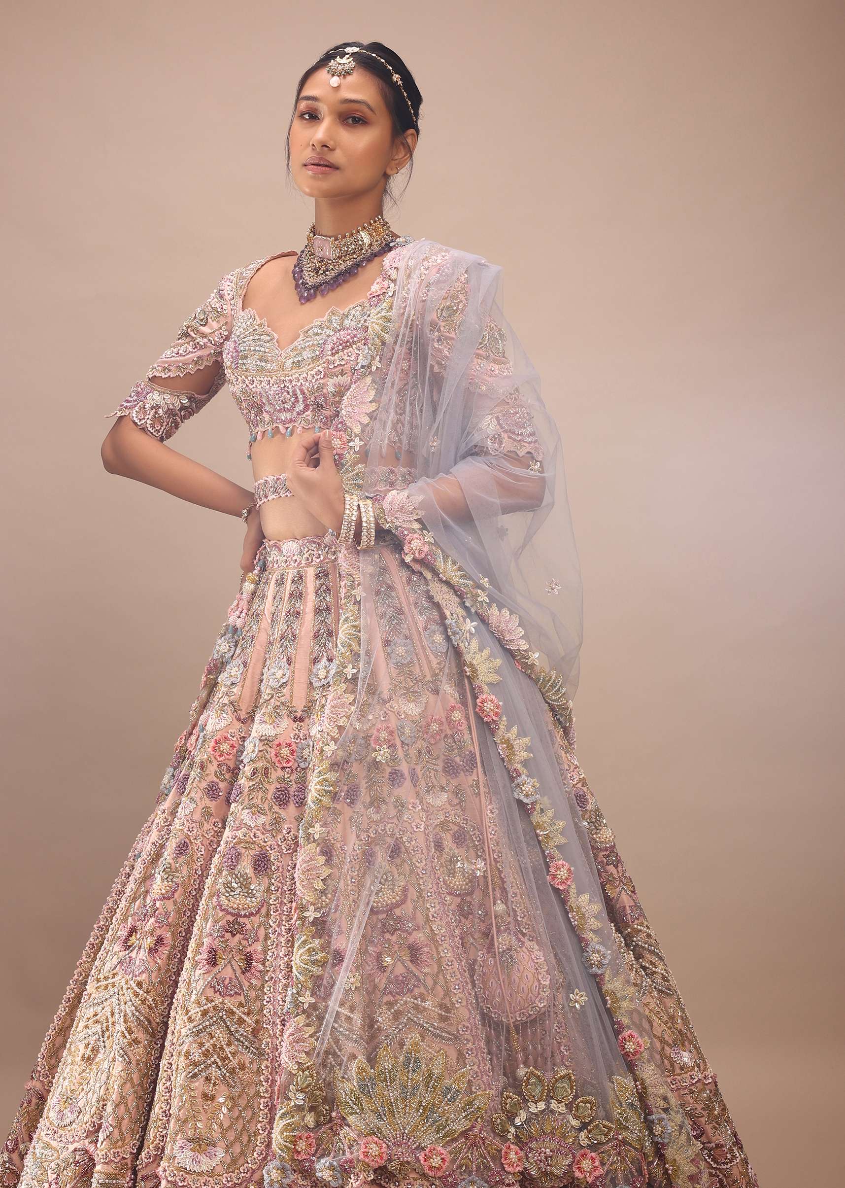 Light Pink Lehenga Set With A Choli In Moti Embroidery, Crop Top Comes In Half Sleeves With Cut Work - Image 10