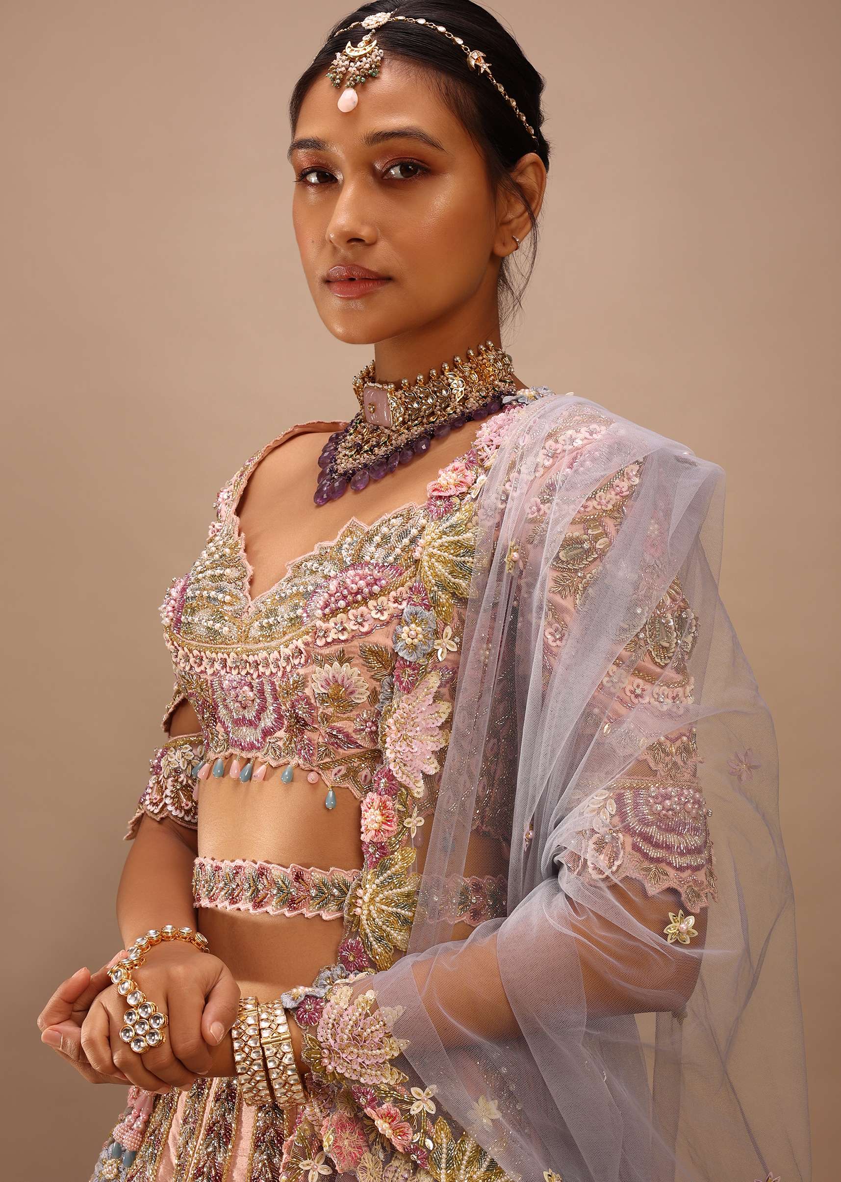 Light Pink Lehenga Set With A Choli In Moti Embroidery, Crop Top Comes In Half Sleeves With Cut Work - Image 11