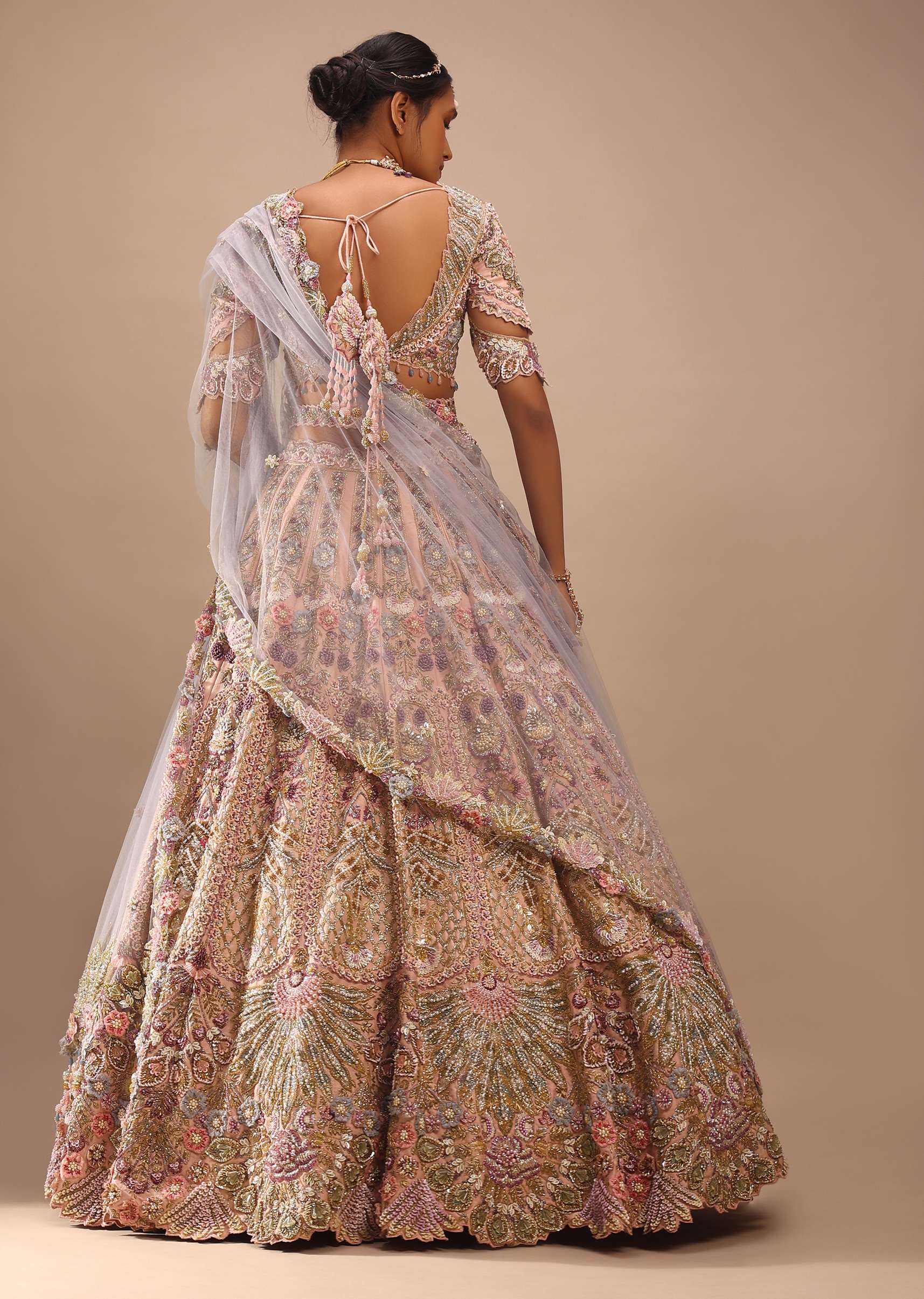 Light Pink Lehenga Set With A Choli In Moti Embroidery, Crop Top Comes In Half Sleeves With Cut Work - Image 12