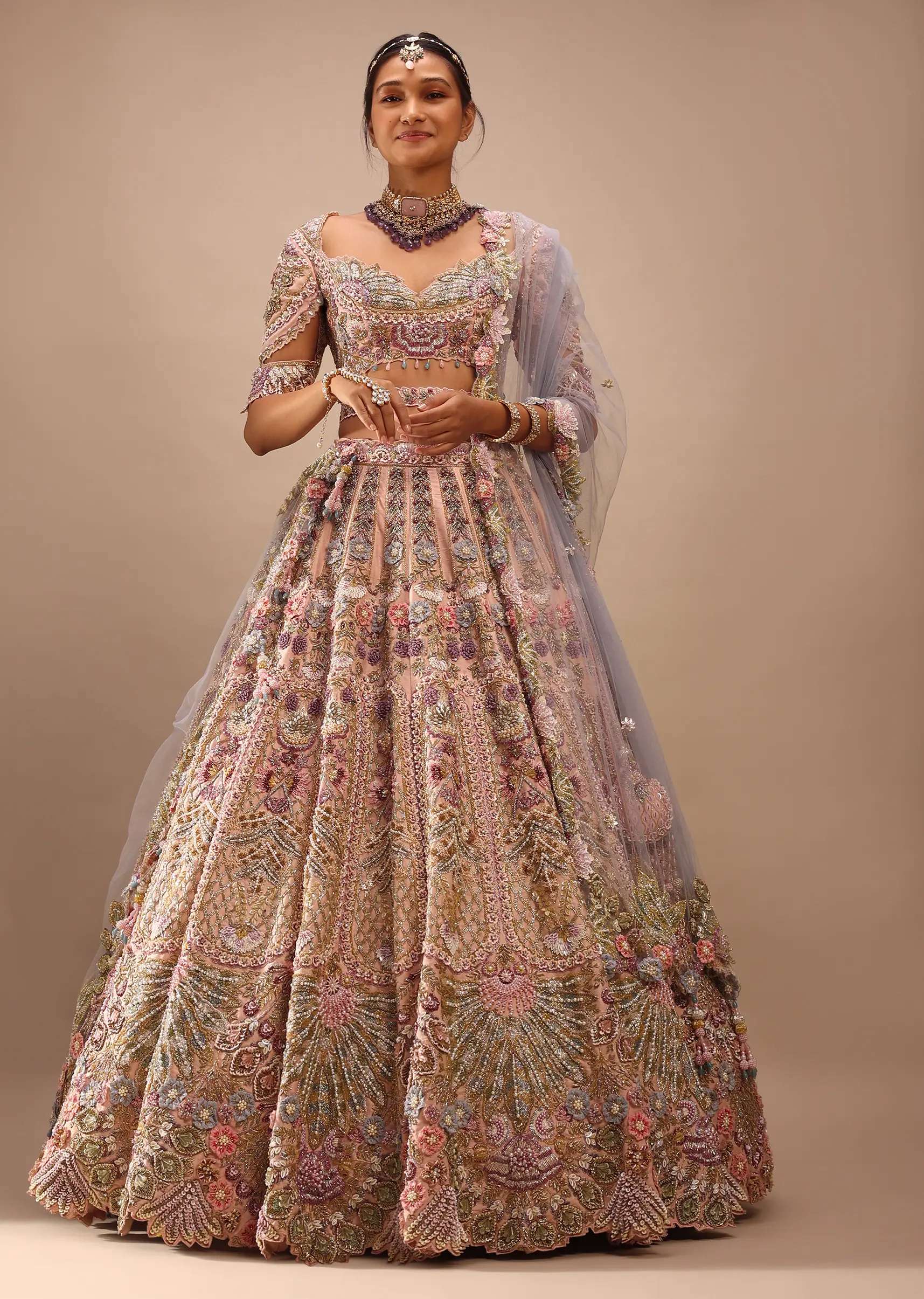 Light Pink Lehenga Set With A Choli In Moti Embroidery, Crop Top Comes In Half Sleeves With Cut Work - Image 3