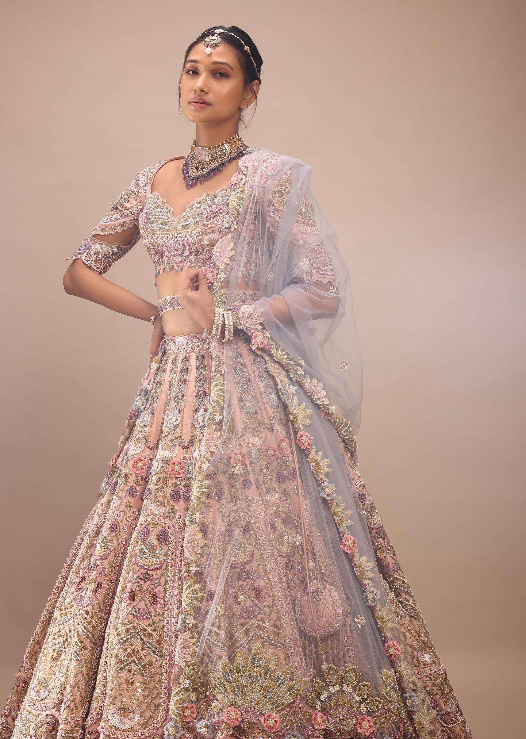 Light Pink Lehenga Set With A Choli In Moti Embroidery, Crop Top Comes In Half Sleeves With Cut Work - Image 4