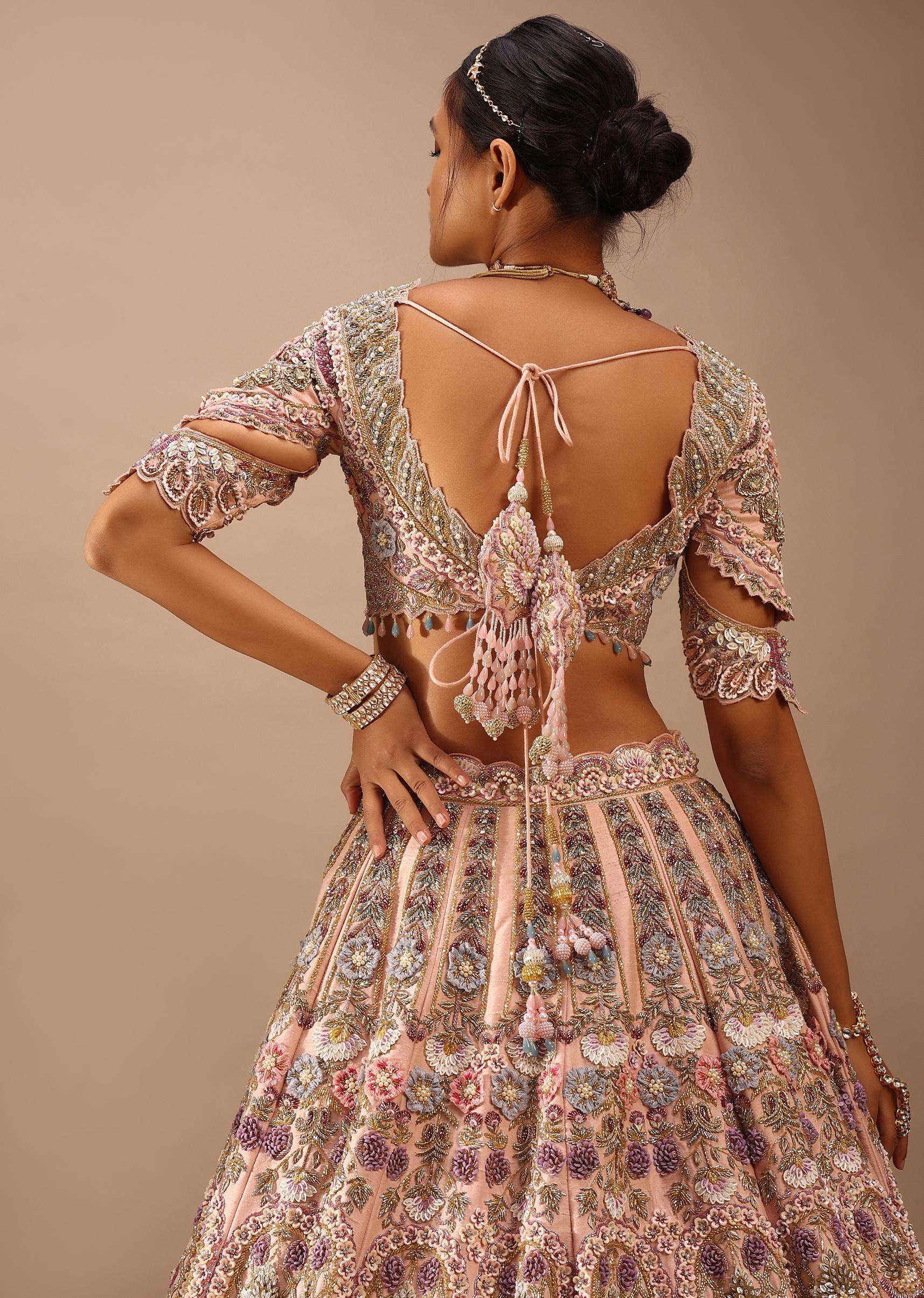 Light Pink Lehenga Set With A Choli In Moti Embroidery, Crop Top Comes In Half Sleeves With Cut Work - Image 7