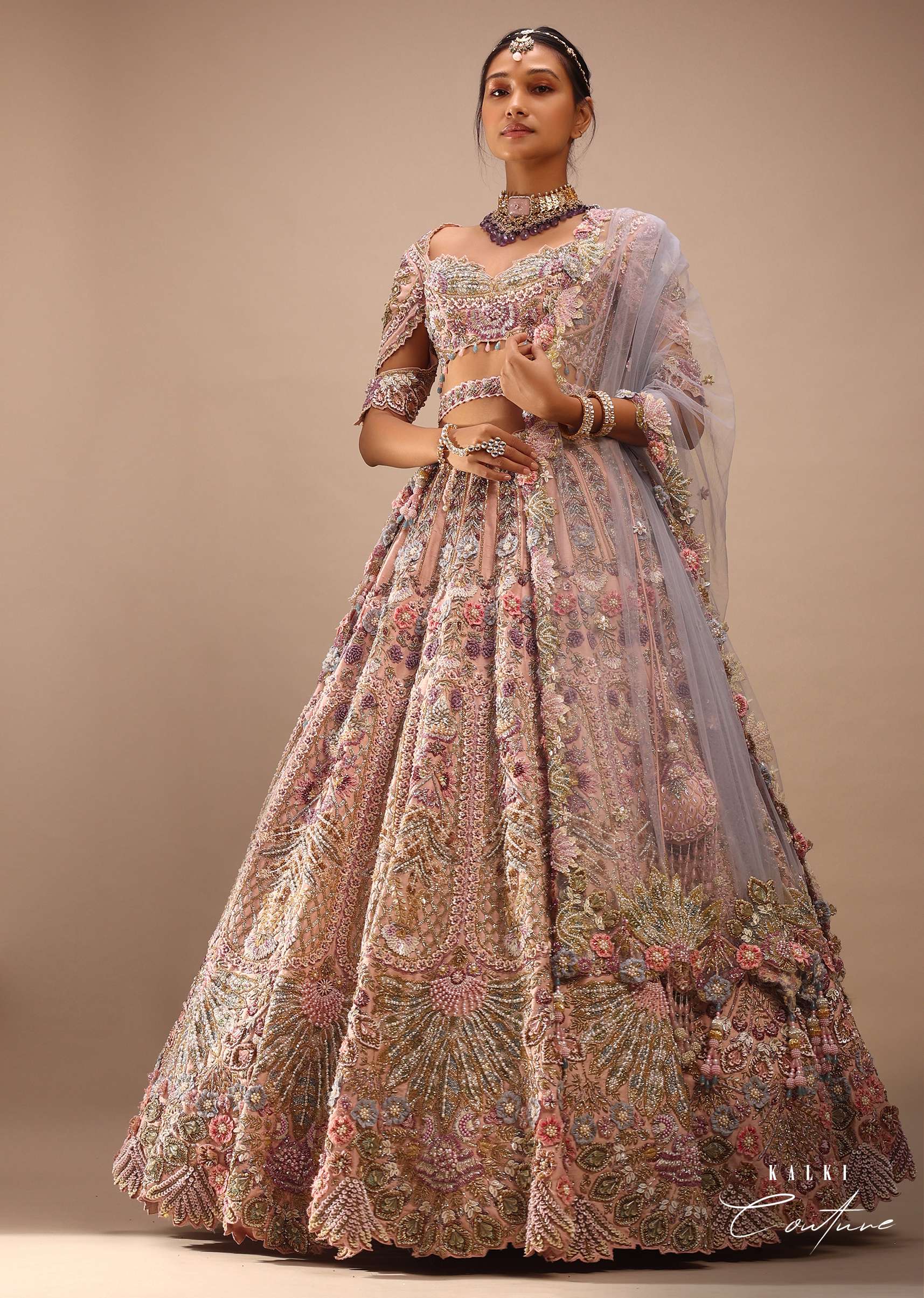 Light Pink Lehenga Set With A Choli In Moti Embroidery, Crop Top Comes In Half Sleeves With Cut Work - Image 8
