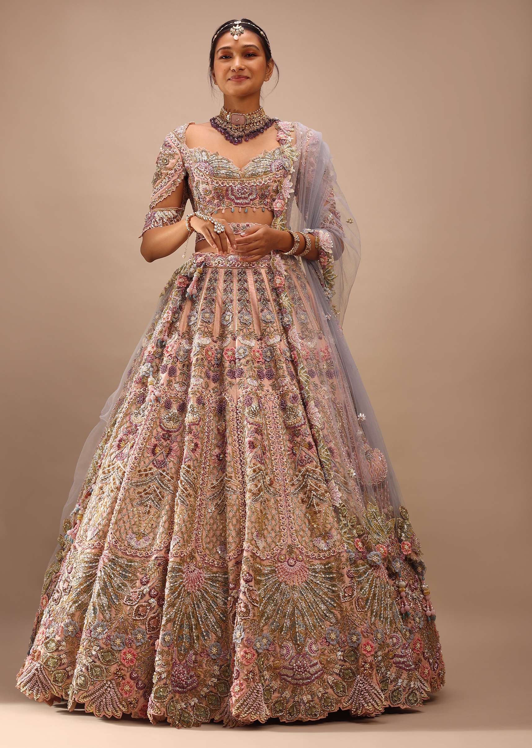 Light Pink Lehenga Set With A Choli In Moti Embroidery, Crop Top Comes In Half Sleeves With Cut Work - Image 9