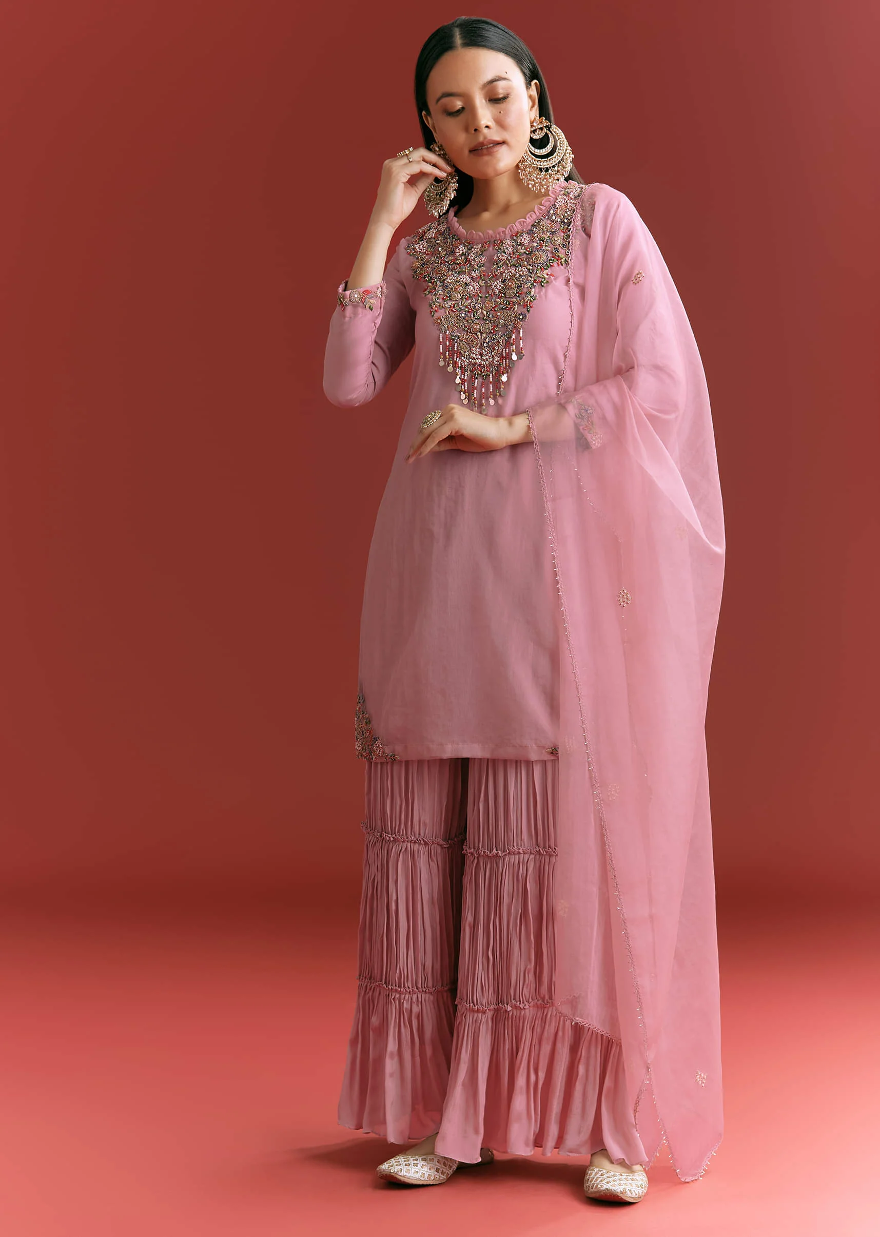 Light Pink Organza Kurta Sharara Suit With Embroidery - Image 3
